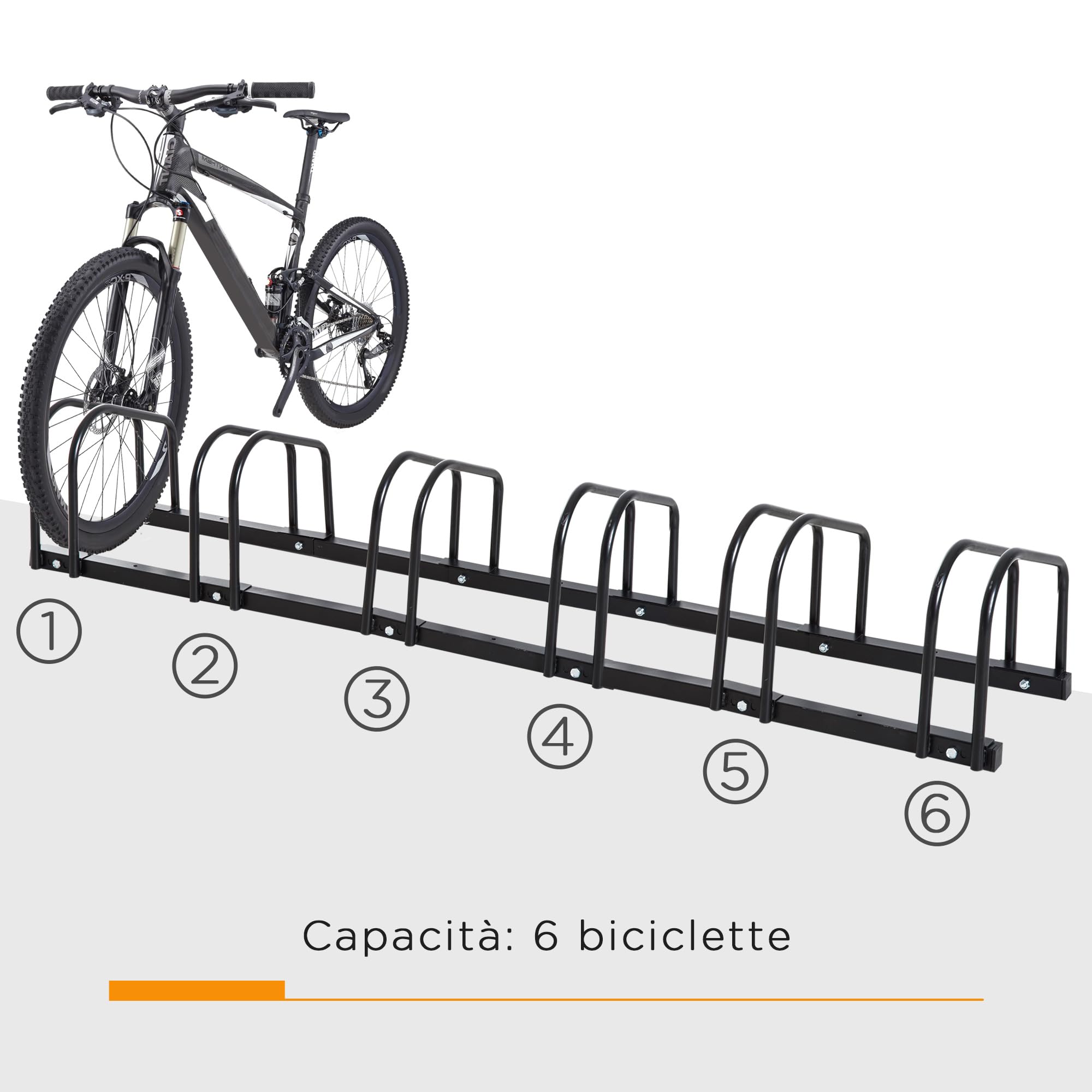 HOMCOM Rastrelliera Biciclette da Pavimento o Parete, Portabici da Terra per 6 Biciclette in Acciaio, Ruote Fino 65 mm, 179x33x27 cm, Nero