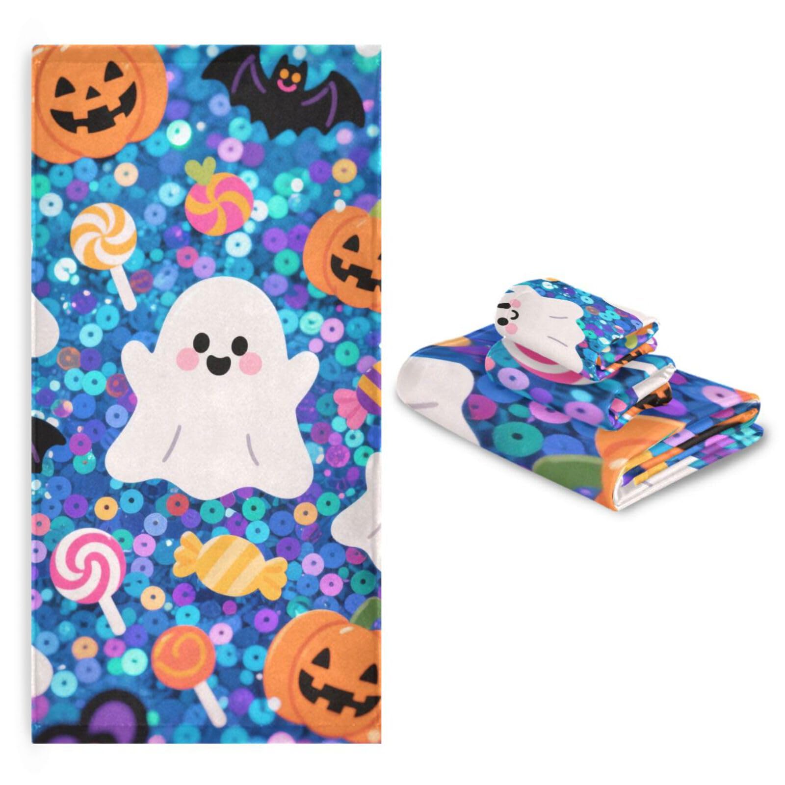 Halloween żółta dynia z cekinami szybkoschnące ręczniki do twarzy zestaw 3 sztuk, 1 ręcznik kąpielowy 1 ręcznik do rąk 1 ściereczka do łazienki kuchni