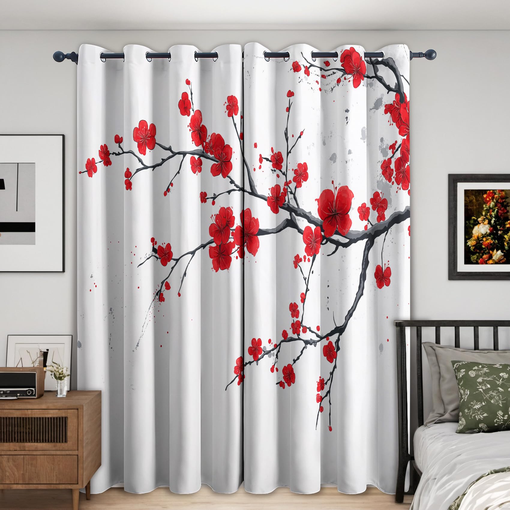 Aisan Floral Curtains Blackout, 46x54 Inch 2 Panels - Flower Red Plum Blossom Pattern Black Out Curtains, Home Decor, 54 Drop Eyelet Window Drapes for Bedroom, Living Room KA217