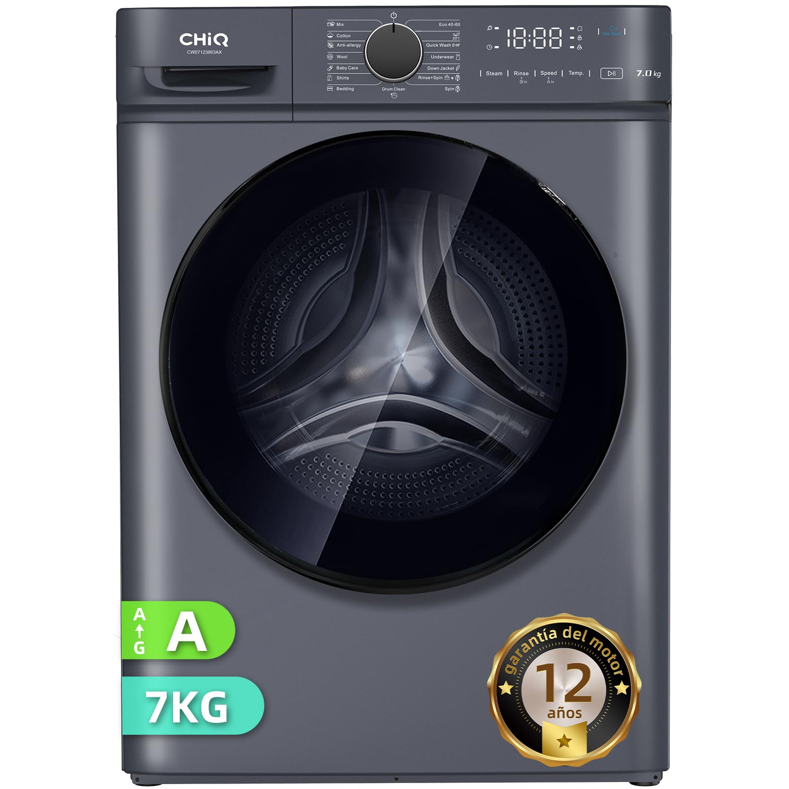 CHiQ Lavadora 7kg CW07123863AX Carga frontal - Clase A, Motor inverter,BLDC 1200 RPM, Vapor y Lavado rápido, 15 Programas, Diseño compacto (60x46,5x84cm) - Gris moderno