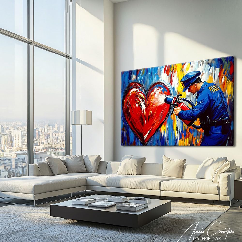 Alessio Cacciatore Quadro Polizia - Street Art Tela grande - Decorazione da parete a forma di cuore - Stampa su tela romantica - Decorazione da parete Street Art - Immagine romantica per camera da