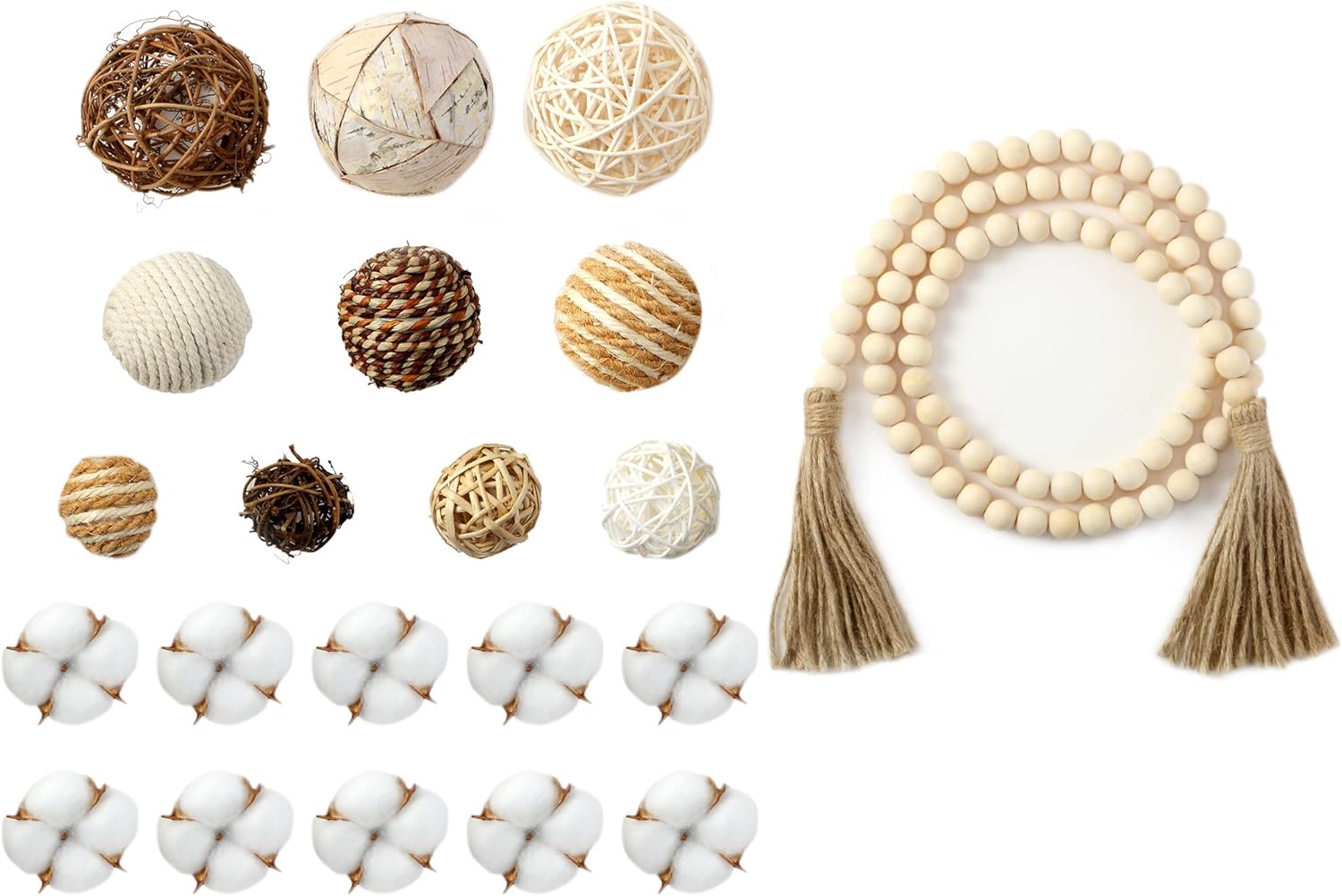 Jutom 20 Pieces Decorative Balls for Bowls, Assorted Decorative Balls Set, Bowl Filler and 58 Inches Wood Bead Garland with Tassels for Table Vase Filler (Wood Color)