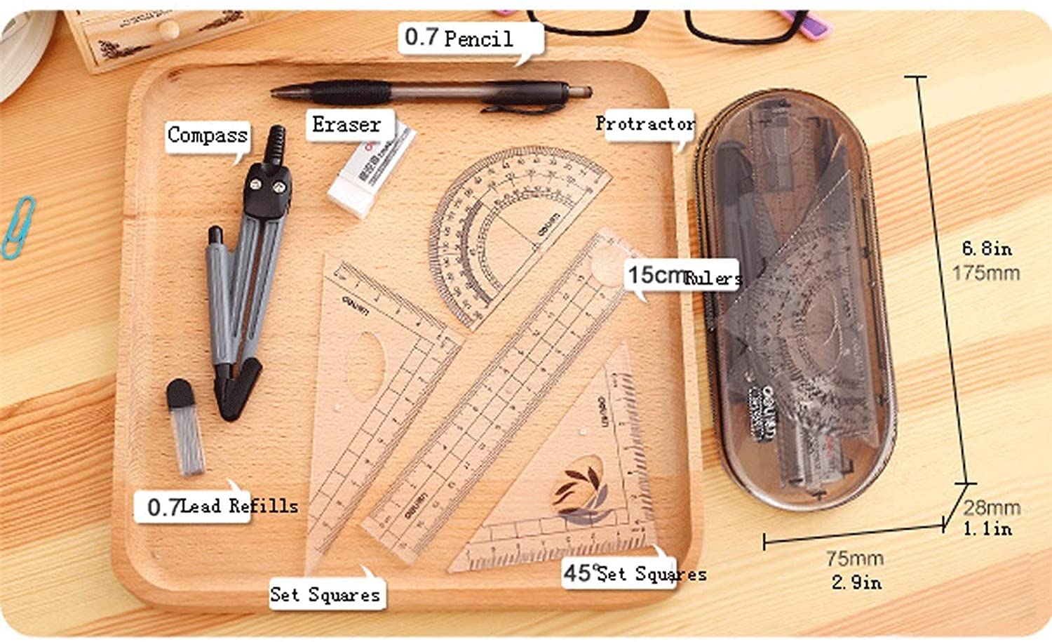 AKAZI Kompass-Set Zeichenkompass-Set Test-Geometrie-Set, Zeichen-Briefpapier-Set für Studenten, zum Zeichnen, Schule, Holzbearbeitung 8-teiliges Set Geometrie-Set