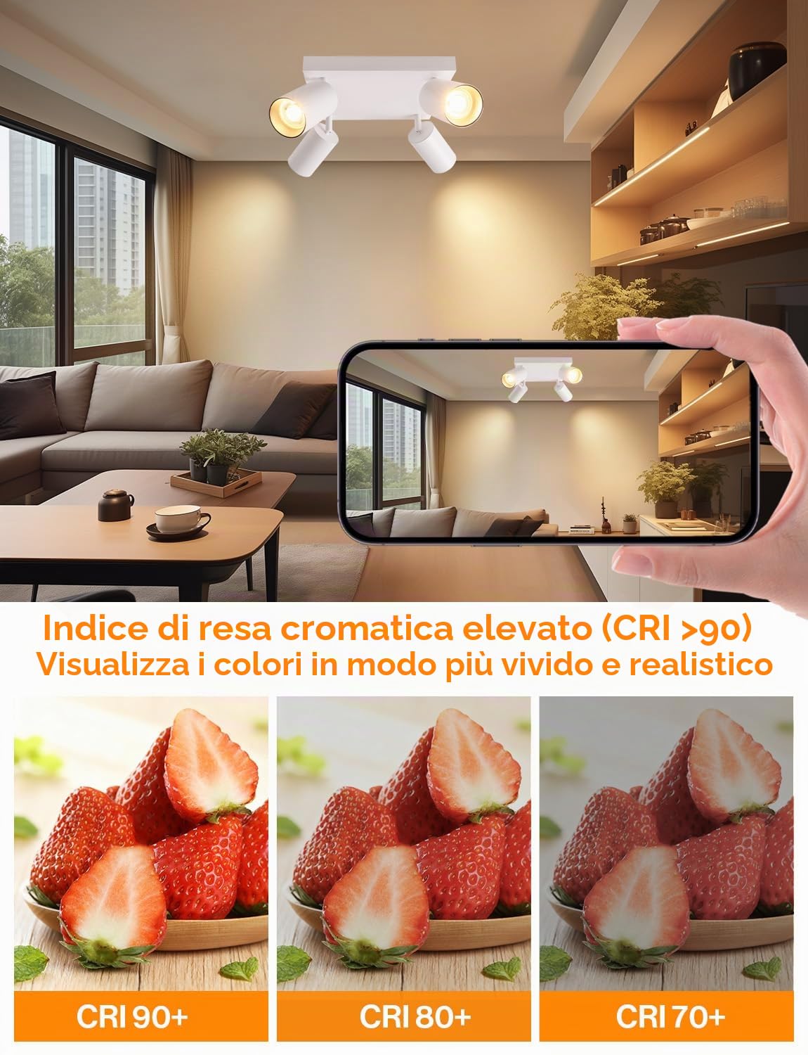 KYOTECH Faretti Da Soffitto LED 4 Luce Bianco, Orientabile 350°+90° Faretti LED Soffitto Alluminio GU10 5W 400LM, Moderna Faretti Soffitto Per Cucina Soggiorno Camera Da Letto (Lampadina Inclusa)