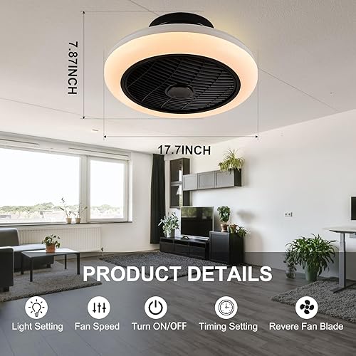 Miniatura 5 de Ventilador de techo de perfil bajo de 17.7 pulgadas con luz, ventiladores de techo LED RGB regulables, moderna luz ambiental LED-RGB sin aspas para