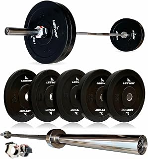 LEEWAY Black Rubber Bumper Plates with Olympic Barbell| Olympic Weightlifting Gym Rubber Bumper Weight Plates| Olympic Bar... Price In India