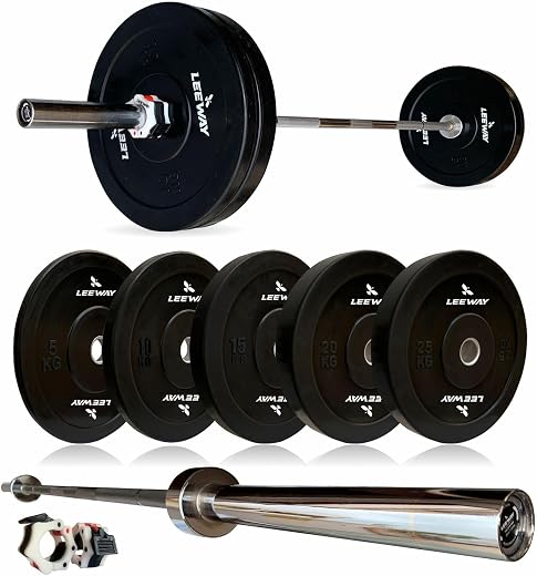 LEEWAY Black Rubber Bumper Plates with Olympic Barbell| Olympic Weightlifting Gym Rubber Bumper Weight Plates| Olympic Bar...