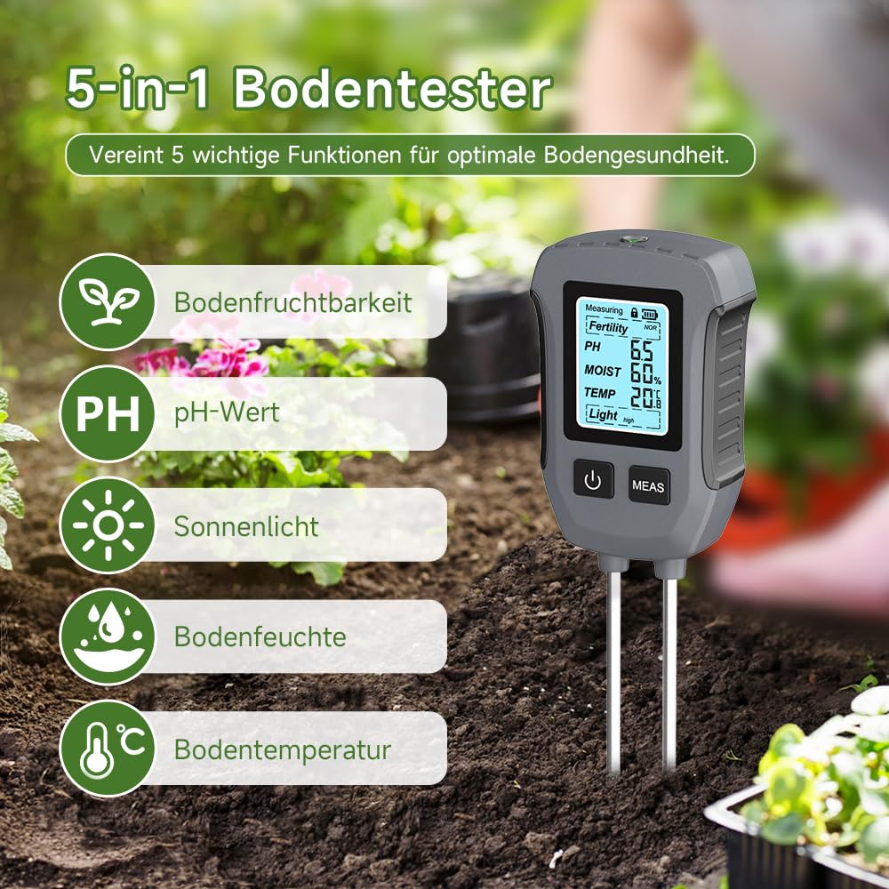 Uzoli SGS13 Feuchtigkeitsmessgerät Pflanzen, 5 in 1 Bodenmessgerät für Fruchtbarkeit, PH Wert, Sonnenlichtintensität, Temperatur, Bodenfeuchte, Feuchtigkeitsmesser der Erde für Garten und Rasen