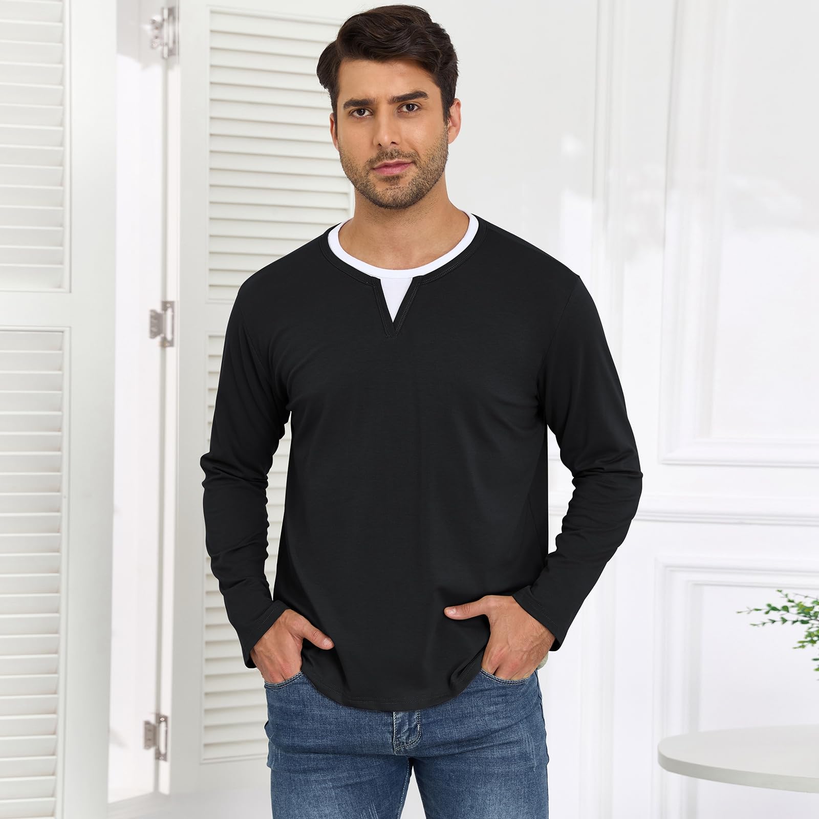 HOTIAN Herren Langarmshirts mit V-Ausschnitt Basic Pullover Henley Shirt Oberteile Freizeit Sweatshirt T-Shirt für Männer