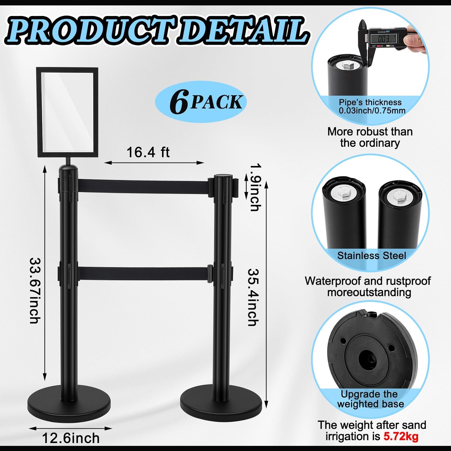 Therwen 6 Pcs Crowd Control Stanchions Set, Double Retractable Safety Belt, Heavy Duty Stainless Steel Crowd Control Barrier, Solid Metal Base, Easy Connect Assembly (16.4 ft,Black)