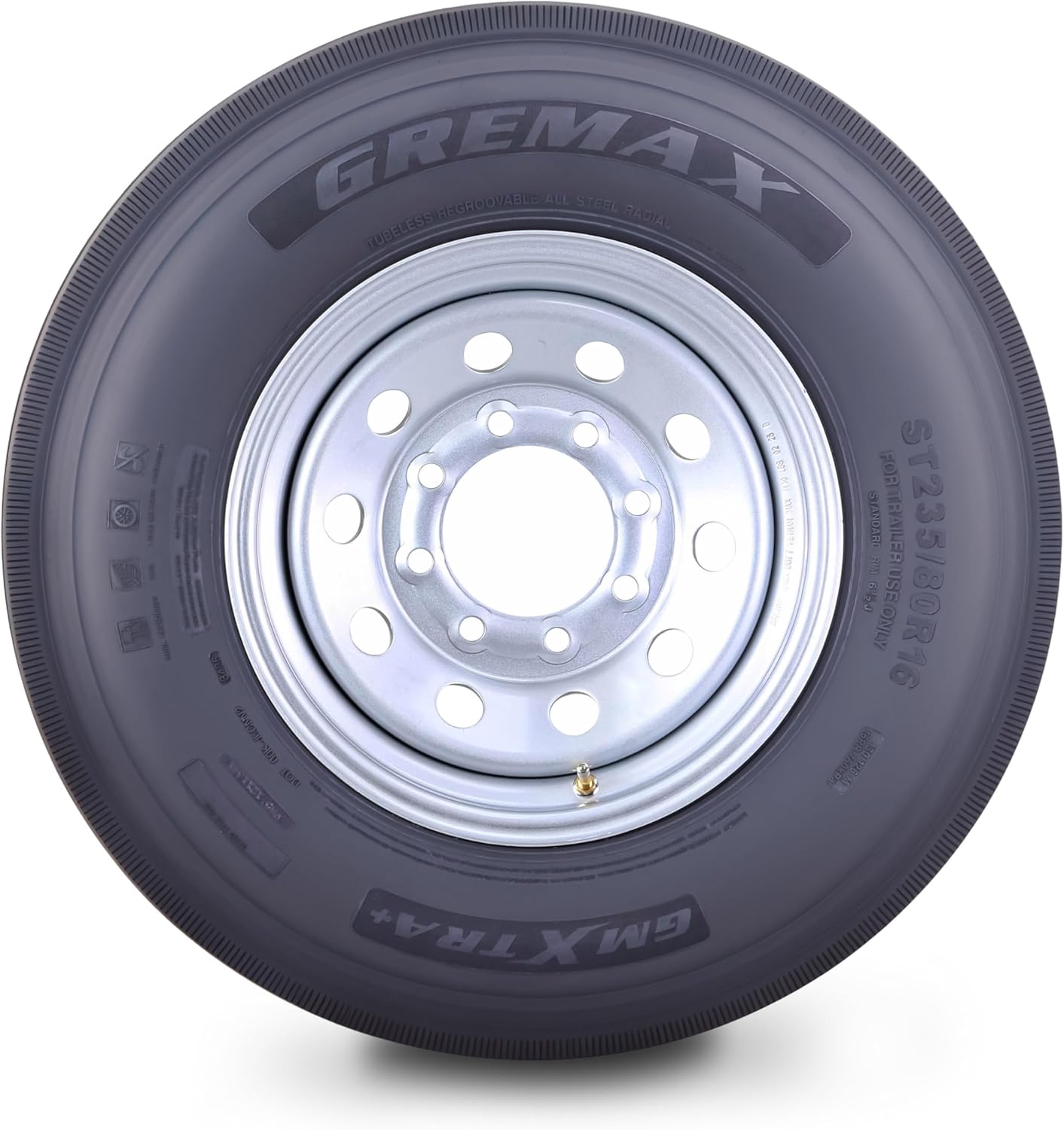 GREMAX All Steel Trailer Tire Wheel Assembly ST235/80R16 16-Ply H 130/126M w/8 Lug on 6.5" PCD Silver Mod Wheel