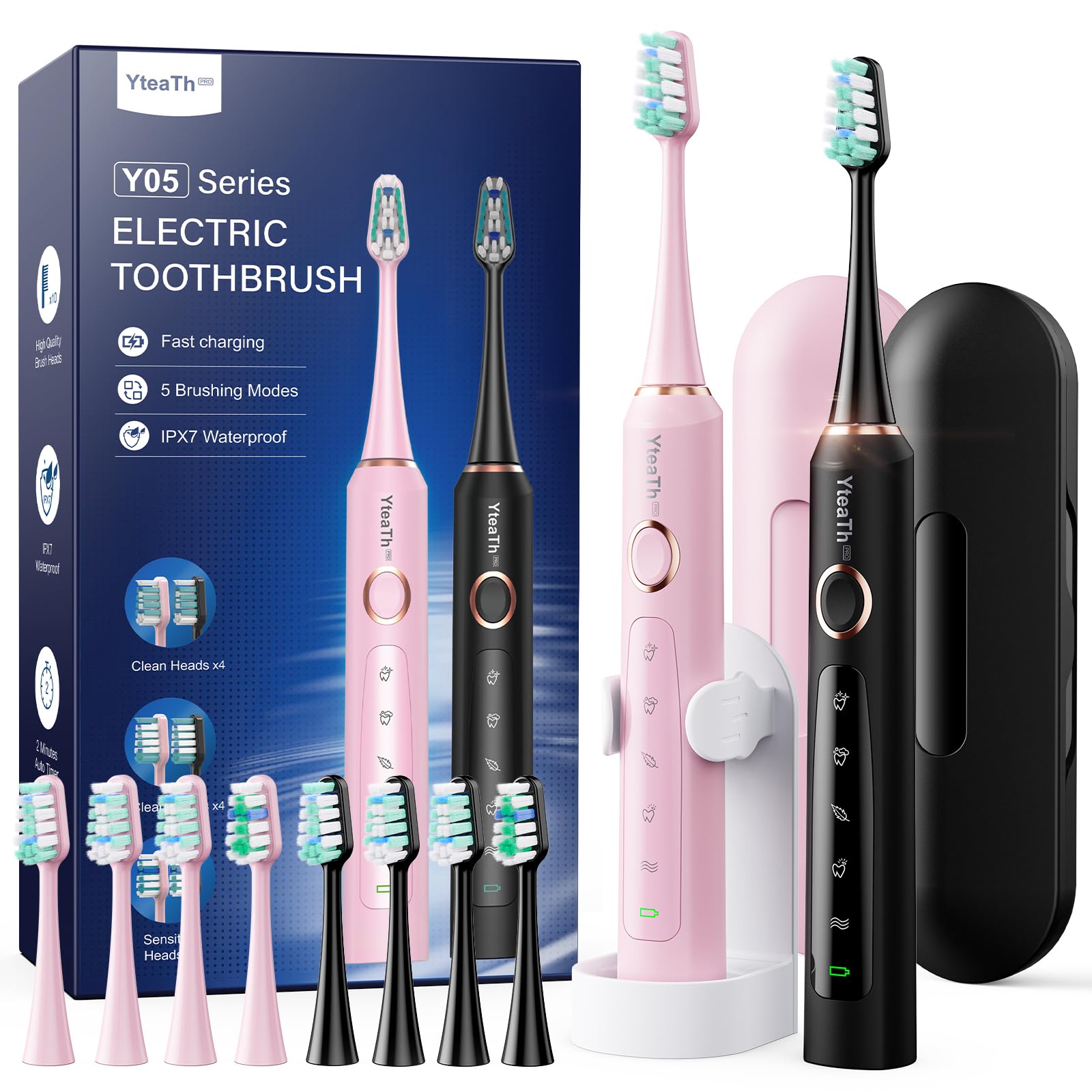 Cepillo de Dientes Eléctrico Sónico para Adultos - Cepillo Electrico Sónico con 8 Cabezales y Estuche de Viaje, 5 Modos, IPX7 Impermeable, Cepillo Dientes Electrico de Viaje Recargable, Negro — view 14