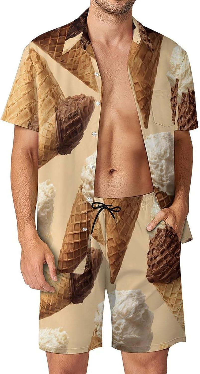 Ice Cream Wafers Cone Men's Summer Beach 2 Piece Outfits | hawaiian button down shirt and shorts,vacation cruise,mens bathing suit