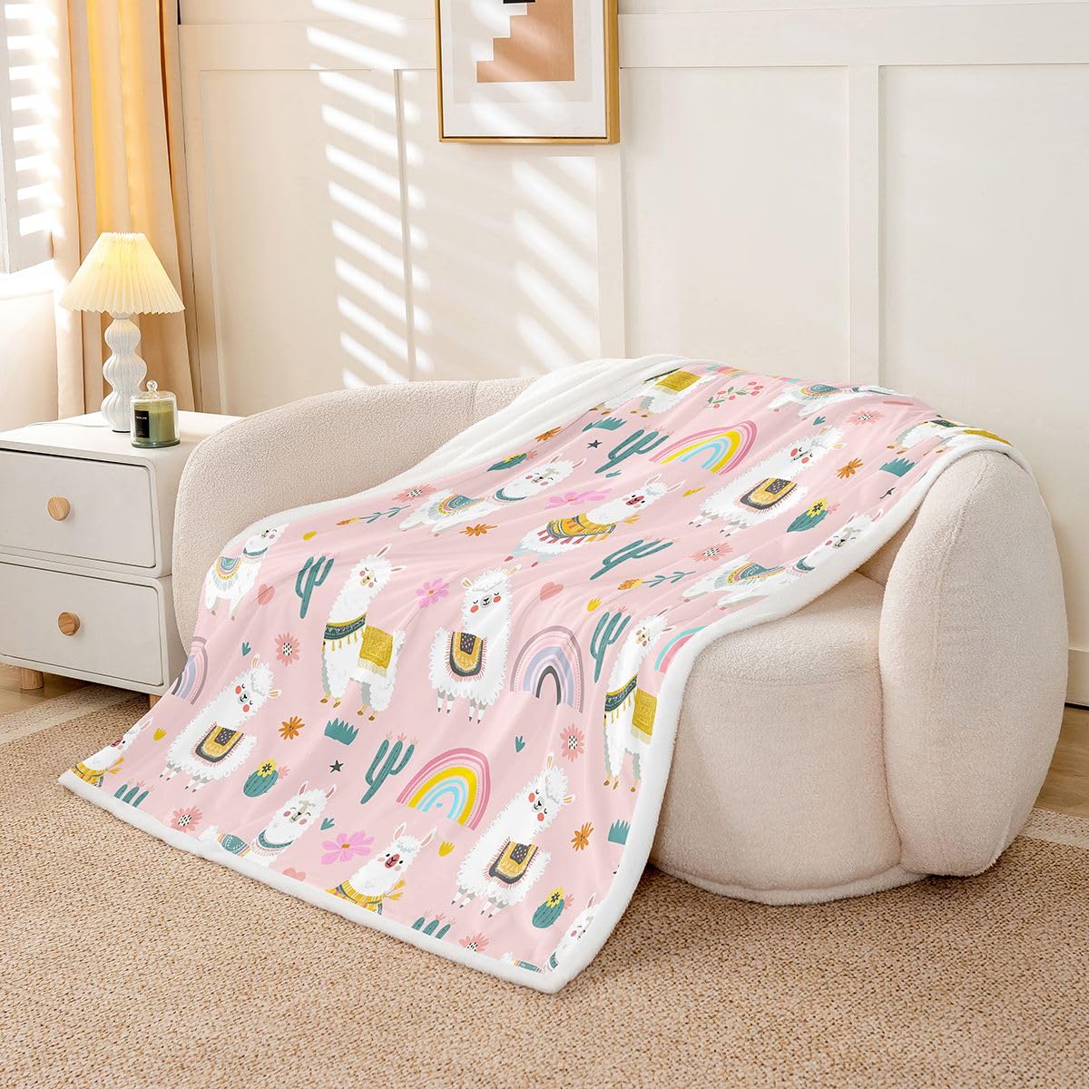 Homewish Różowy boho lama koc polarowy Twin 152 x 203 cm uroczy sukulent ciepły pluszowy koc szerpa kreskówka zwierzę puszysty pluszowy narzuta boho stylowy do salonu sypialni biura