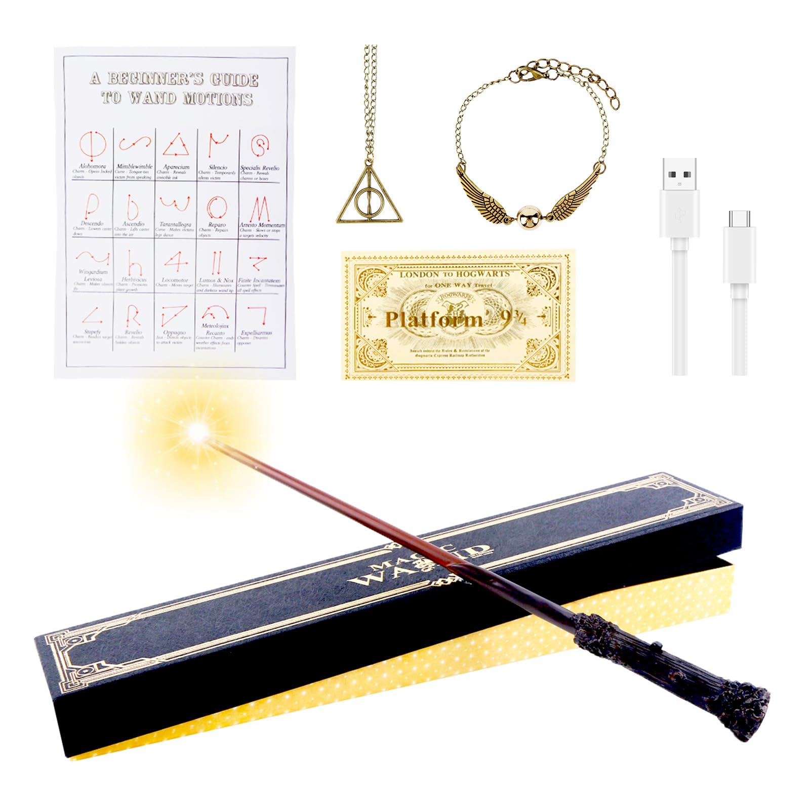 Aitsite Magic Wands, 35CM Wizard Wands Glow, USB Charging Light Up wand, Magic Wand in Gift Box with Spell Card, Station Ticket and Necklace Bracelet Official Wizarding Wand
