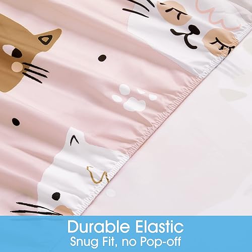 Miniatura 4 de Bysure - Juego de sábanas para cama individual para niños (gatitos, rosa), 3 piezas, juego de sábanas de bolsillo profundo de fácil ajuste, ropa de