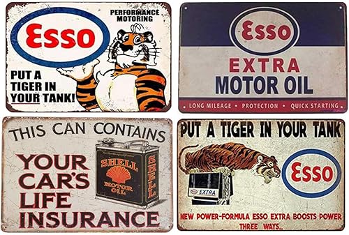 Set de letreros de metal vintage con carcasa de motor Esso Tiger Gas Oil Letreros de metal, decoración de pared para el hogar, cocina, bar, garaje,