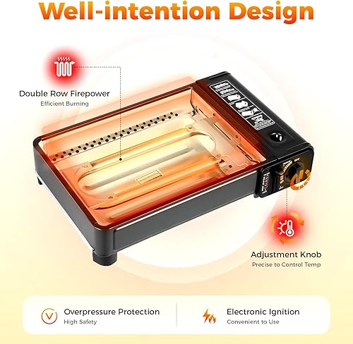 Miniatura 5 de Estufa de butano portátil, estufa de butano con rejilla desmontable, estufas de campamento con bandeja de parrilla antiadherente, estufas de