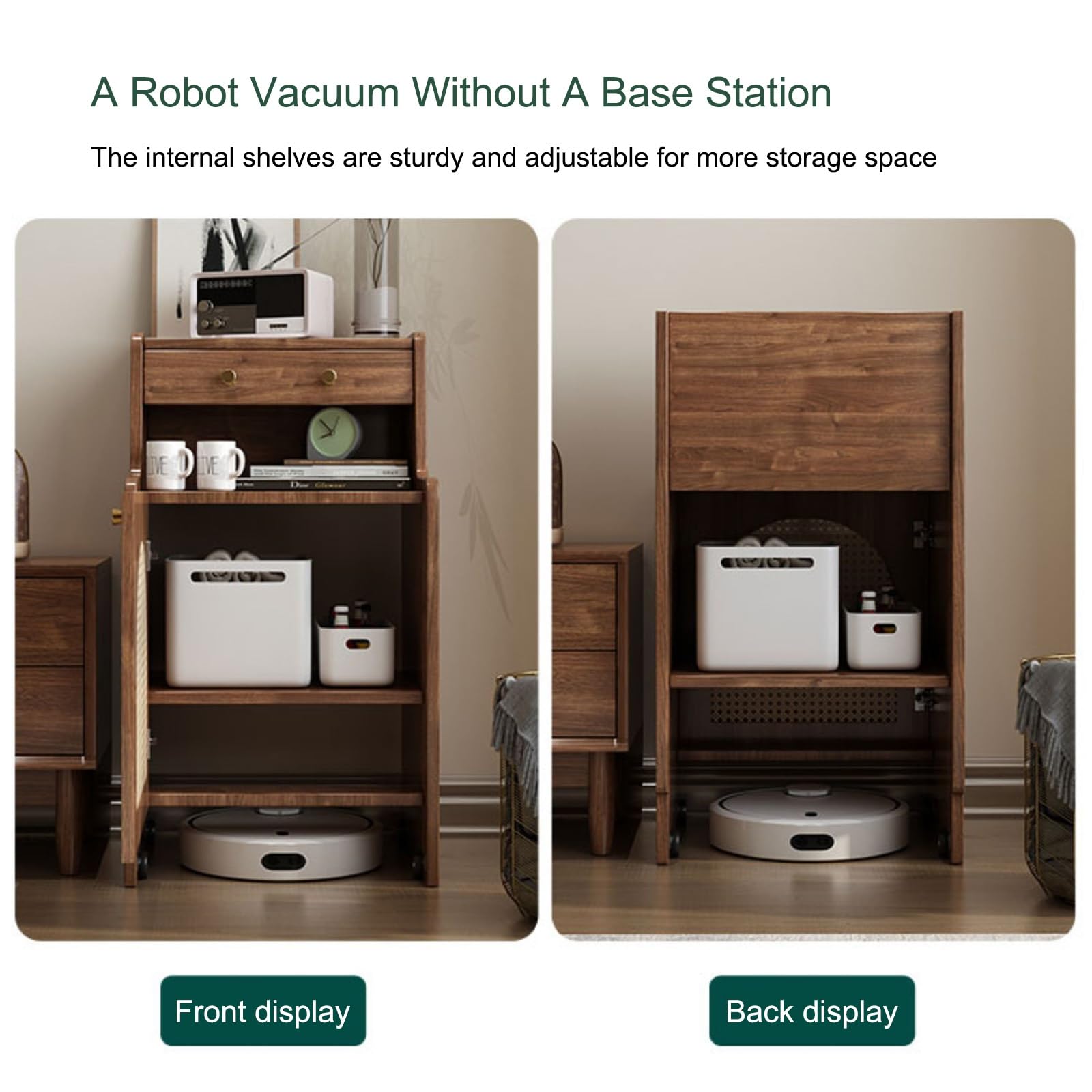 Armario de almacenamiento al vacío robot con puertas y cajones, mesa auxiliar ajustable para sala de estar y oficina, organizador de madera (45 x 90 cm)