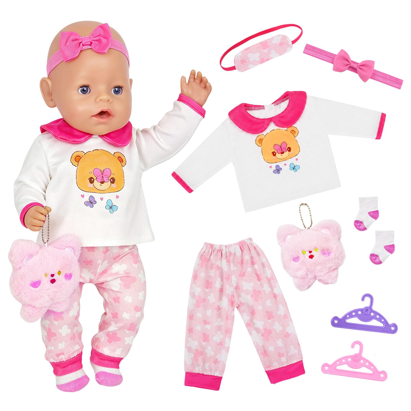 8 Pcs Bear Baby Doll Clothes for 14-18 inch NewBorn Baby Doll, Rose Bear Dolls Outfit with Top Trousers Eye Mask Bear Socks 2 Hangers, Doll Accessories for 35-45 cm Doll Companionship Gift for Kids