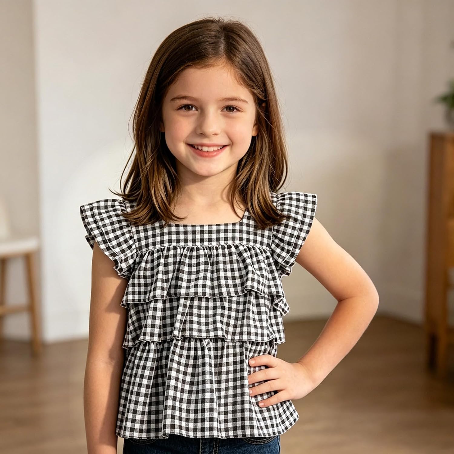 Girls Gingham Blouse Ruffle Sleeve for Casual Wear | Lightweight Square Neck Tiered Ruffle Front And Flutter Sleeves For Parties Photos And Outings
