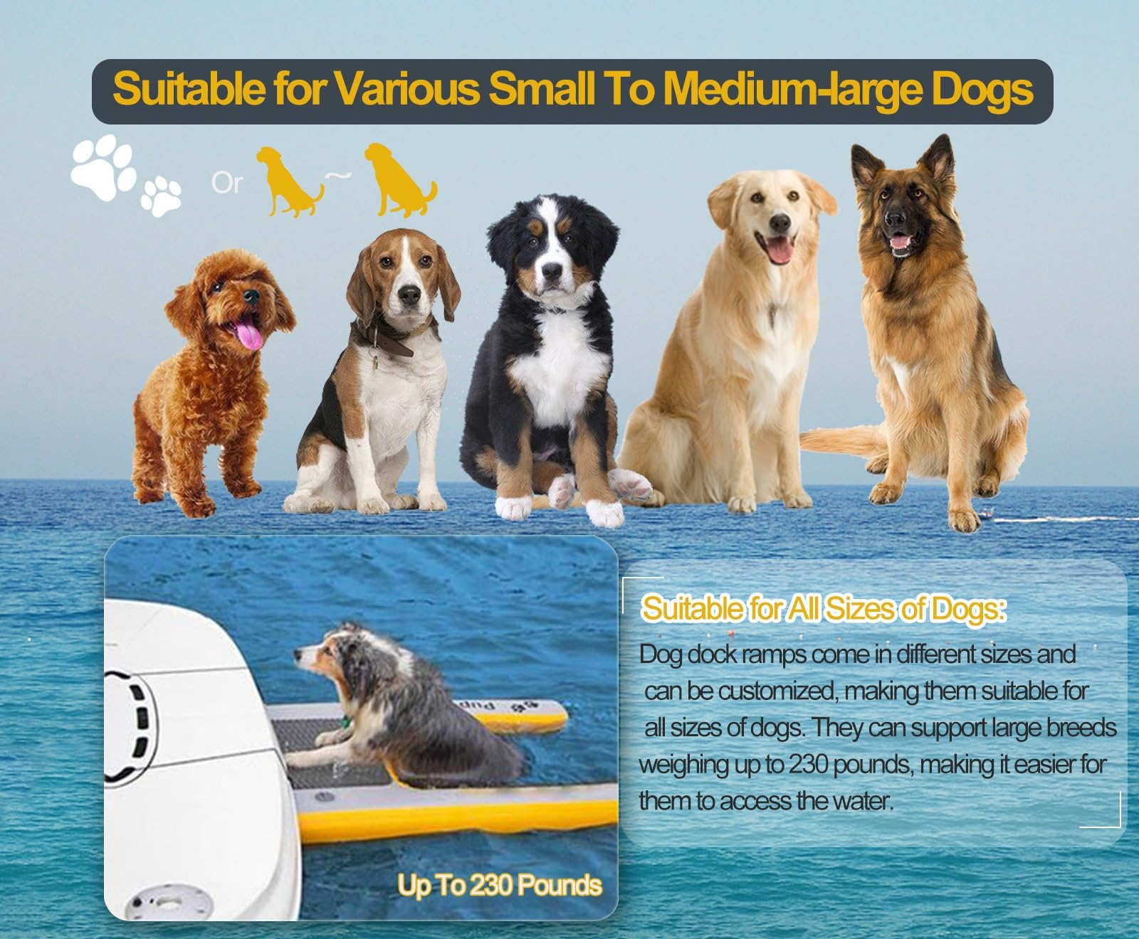 rampa de agua para perros Muelle flotante para barcos con rampa para perros, rampa de agua para perros con escalón y espuma EVA antideslizante, plataforma de muelle inflable para playas y yates.(Blue)
