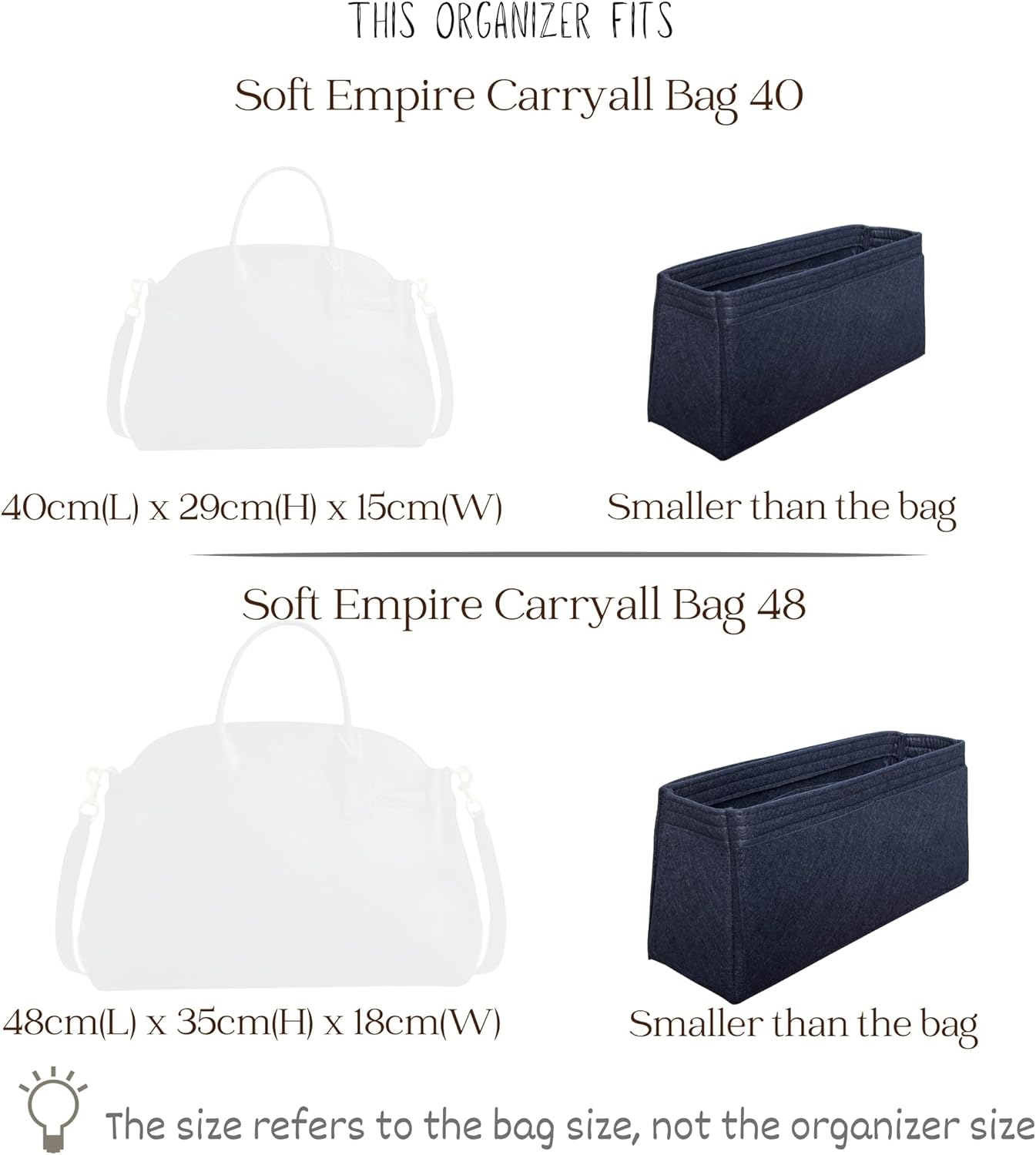 Organizer for Coa.h Soft Empire Carryall (Size 40, Black), Felt Bag Insert for 28/40/48 with Keychain Hook, Reinforced base