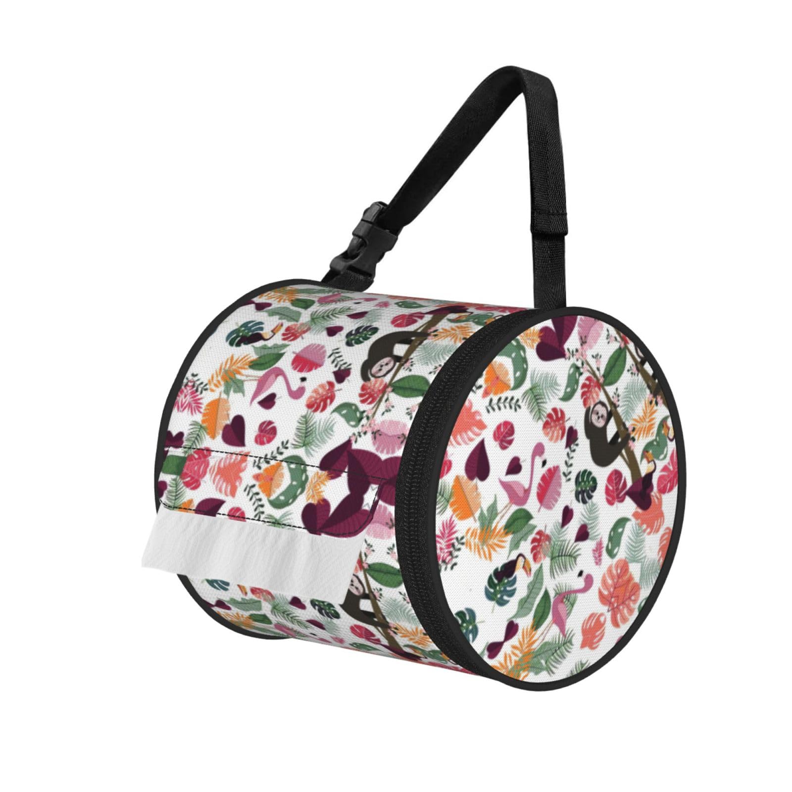Sloth In Pink Tropical Jungle Print Round Tissue Dispenser Bag With Carry Strap, Portable Roll Holder For Car Travel Home