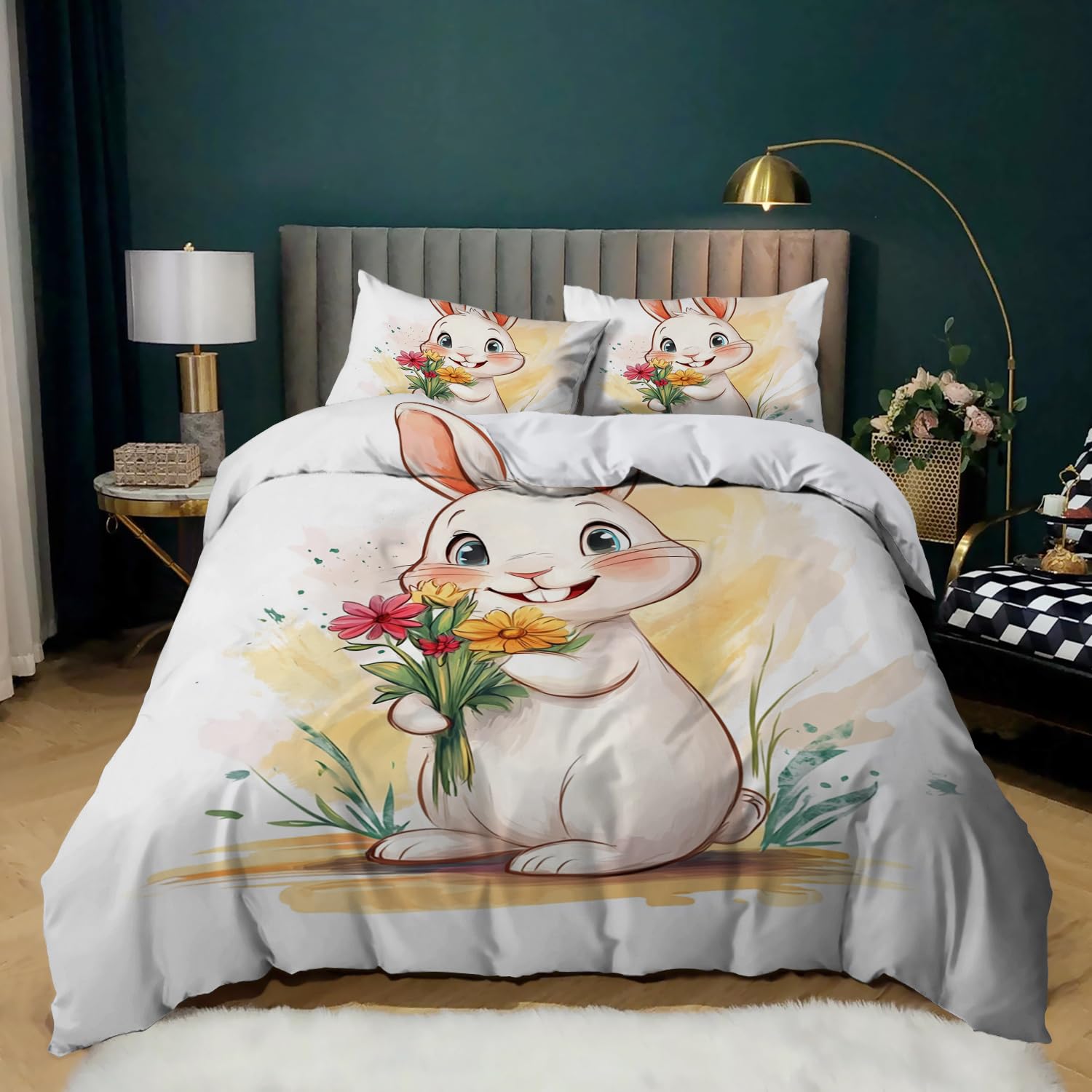 Housse de couette 200x200 lapin pour lit double style rustique blanc