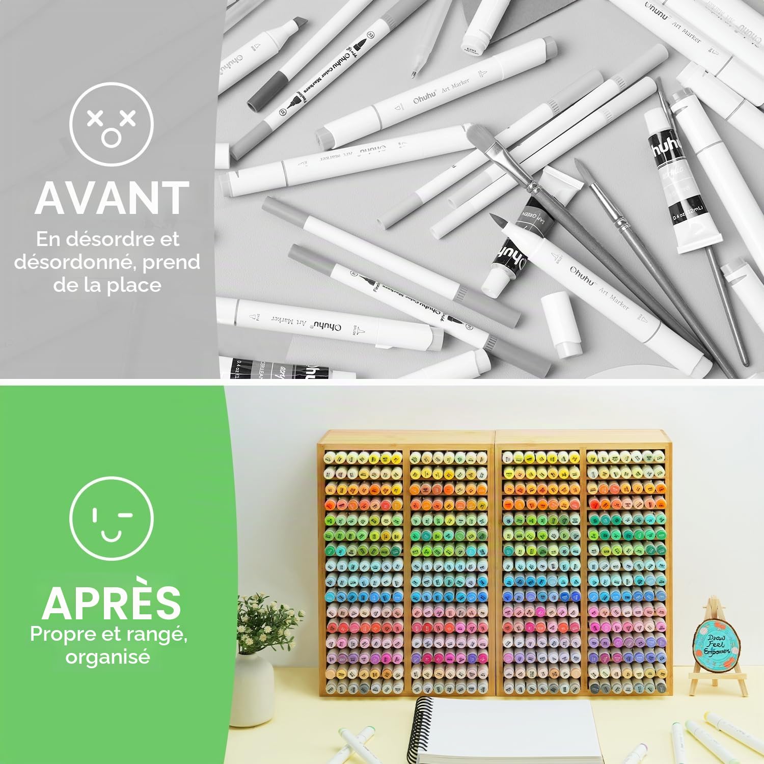 Ohuhu Organiseurs de marqueurs en bambou, Rangement Bureau en bois Tenir 224 marqueurs, Stylos Crayons Etuis Organiseurs multimédia avec 32 compartiments pour la maison Salle de classe Bureau