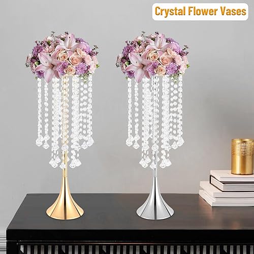 Miniatura 5 de Jarrón de cristal dorado de 2 piezas, 21.9 pulgadas, soporte de flores de cristal acrílico, arreglo de mesa, mesa de boda, decoración de flores para