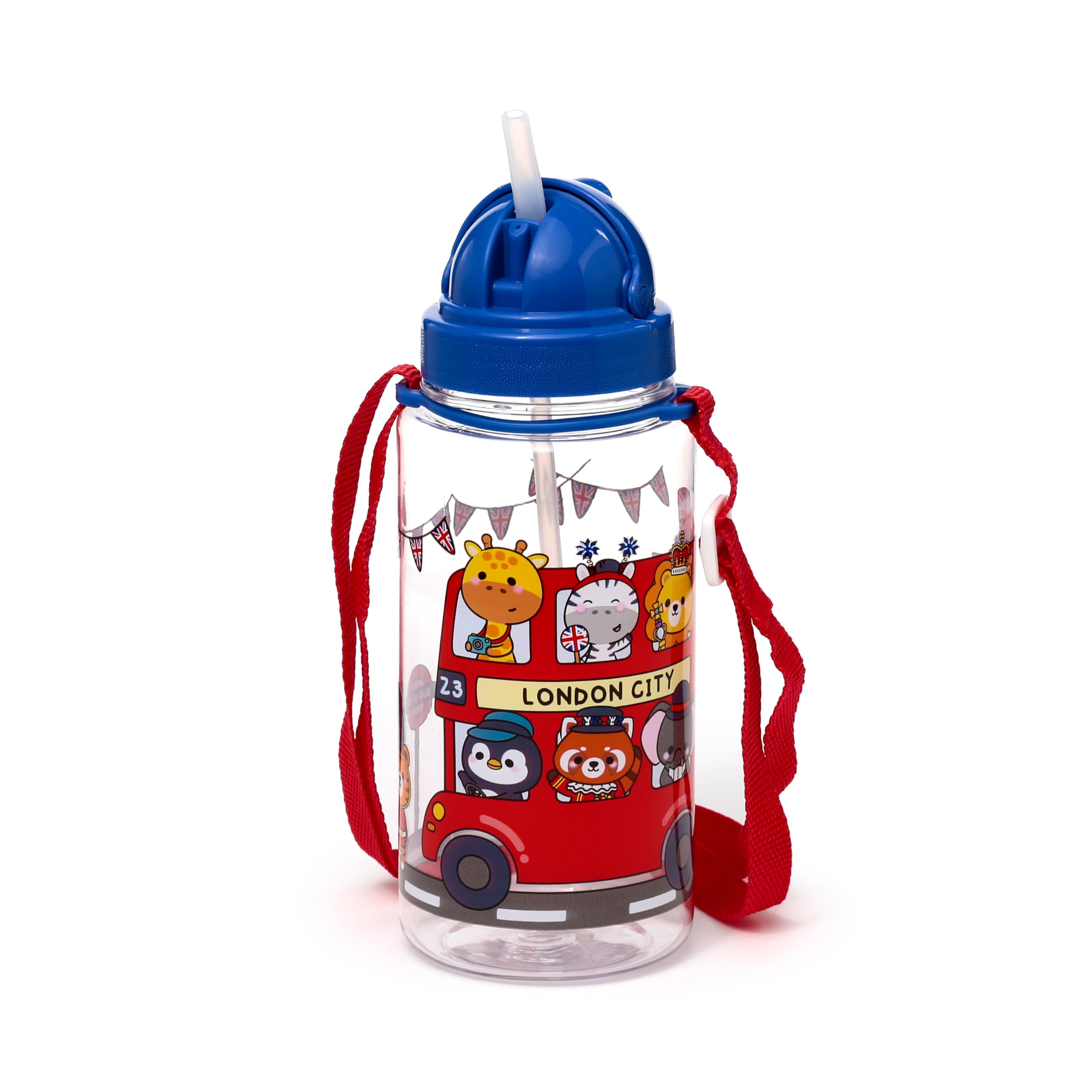 Puckator 450ml Children's Shatterproof Water Bottle Adoramals London - Reusable Insulated Active Water Bottle Flask For Girls And Boys With A Carry Handle & Straw - Bpa Free - For School Nursery