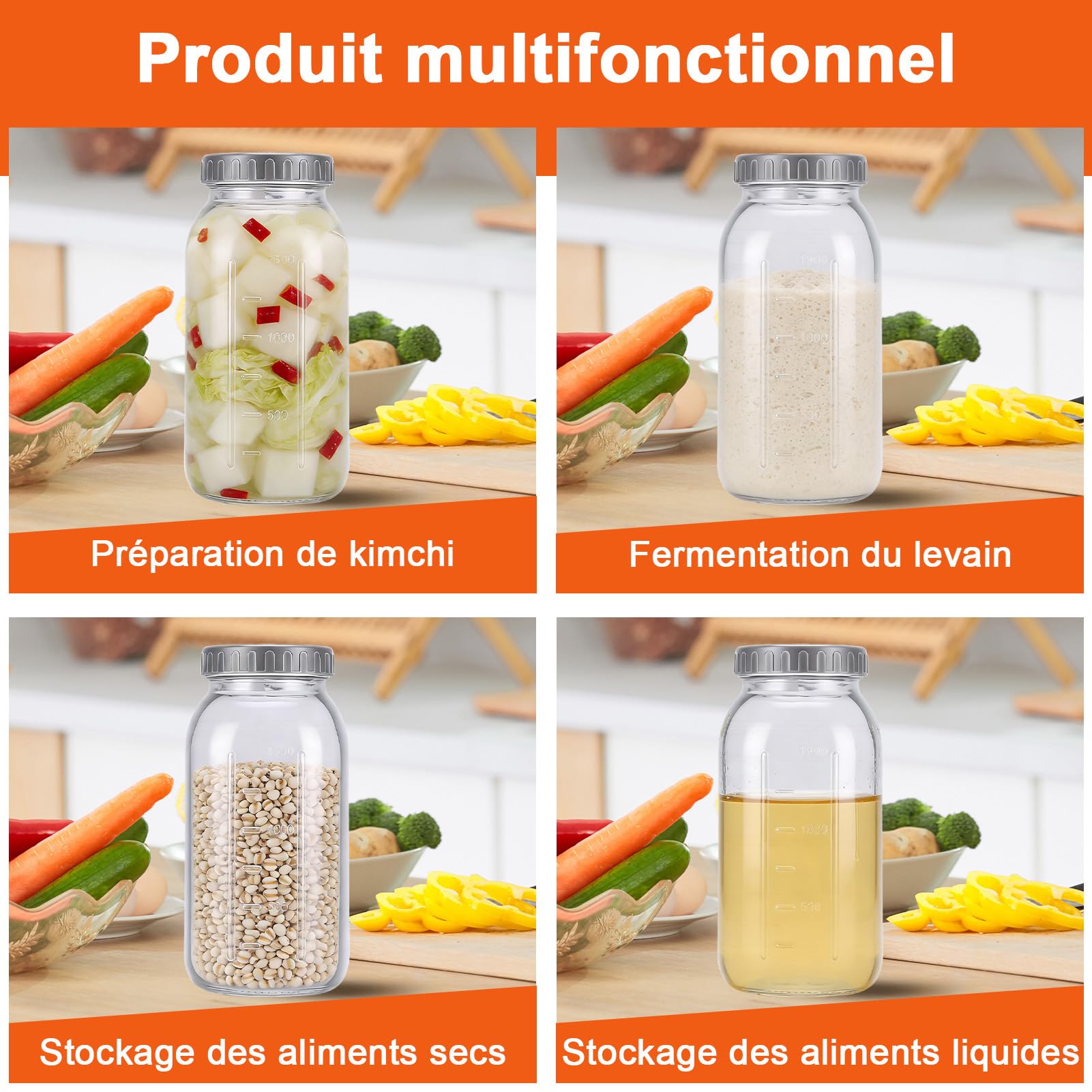 2 Pièces Bocaux de Fermentation de 1L, Bocal Fermentation en Verre avec Couvercle en Silicon pour Choucroute, Kimchi, Kombucha, Cornichons et Plus