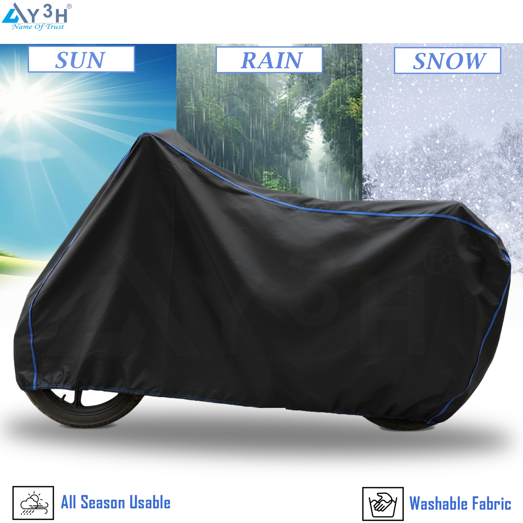 Y3H - Bike Body Cover Compatible with Bullet 350 Cc Full Body with Dust Proof, UV Rays Protective, Tripple Stitching & Lightweight Two Wheeler Covers - Black with Waterproof Blue Piping 3