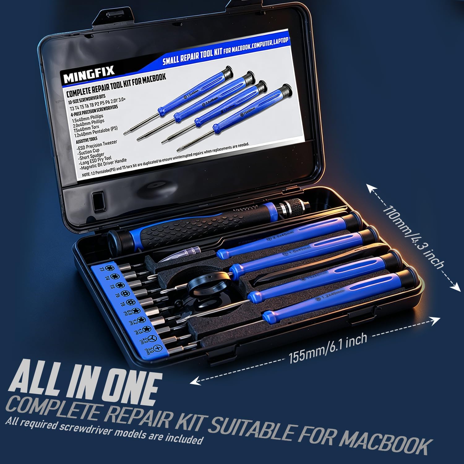 Repair Tool Kit for Apple Macbook,MINGFIX Macbook Pro/Air Screwdriver Set with P2 P5 P6 Pentalobe,T3 T4 T5 T6 T8 Torx,Ph000 Ph00 Ph0 Phillips & Y0 Screwdrivers for Teardown,Opening,Screen Replacement