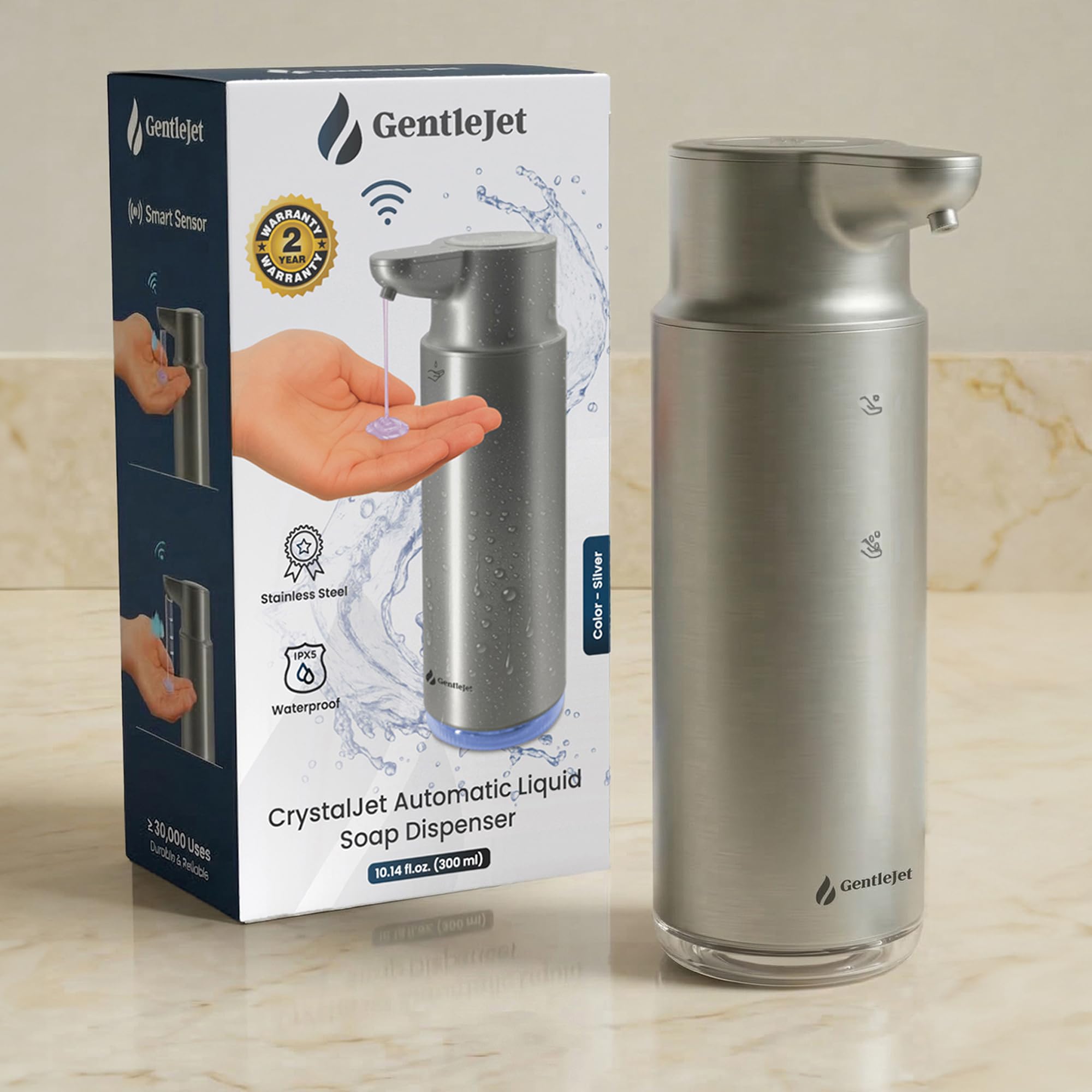 CrystalJet Automatischer Seifenspender Berührungslos, 2-stufig verstellbar, wiederaufladbar, Edelstahl, IPX5, 295.7 ml Flüssigschale & Handseifenspender für Bad oder Küche (Silber)