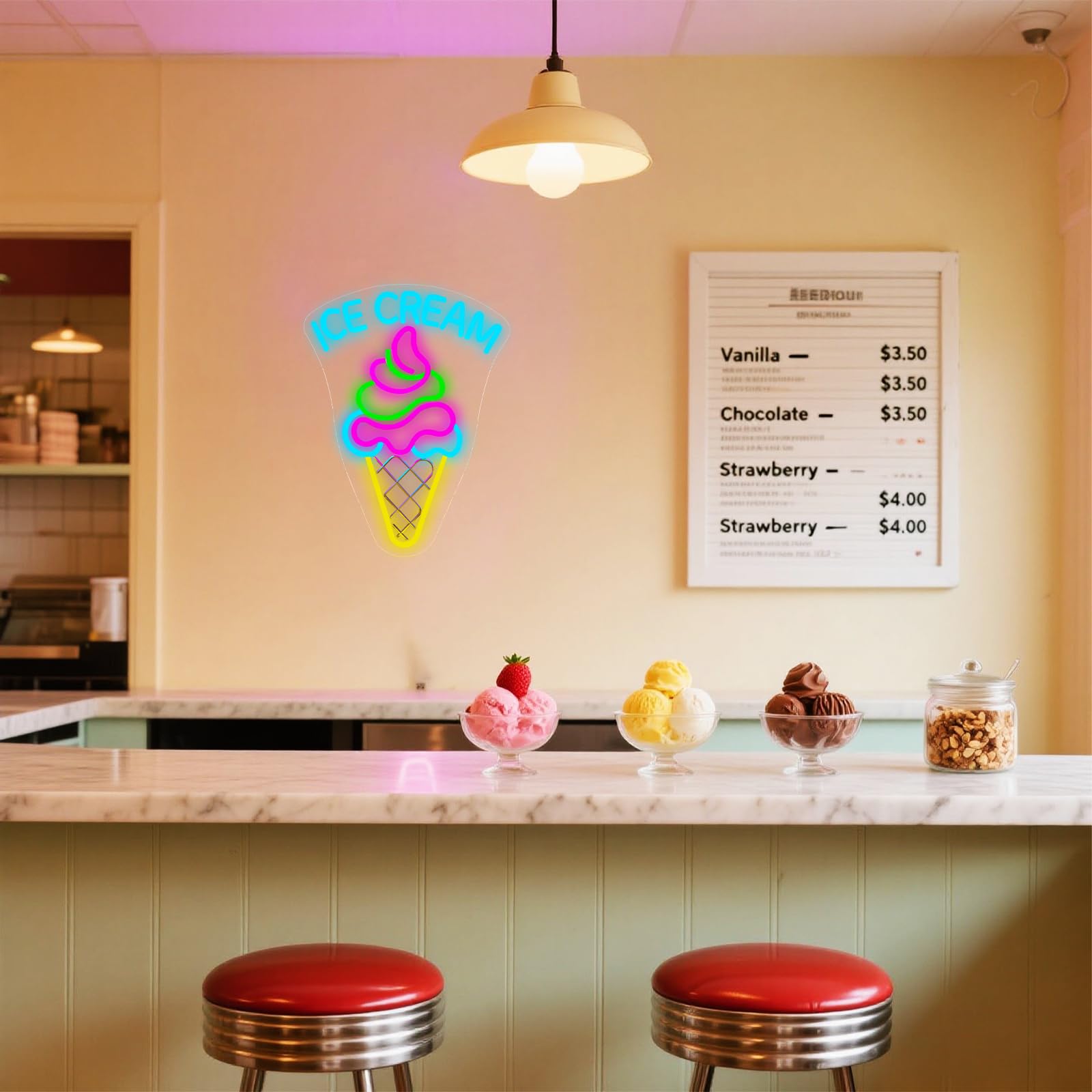 Insegna al neon a forma di gelato, dimmerabile a LED, decorazione da parete, 41,9 x 31 cm | Decorazione da dessert per affari e feste | Regali di Natale e compleanno per gli amanti del gelato