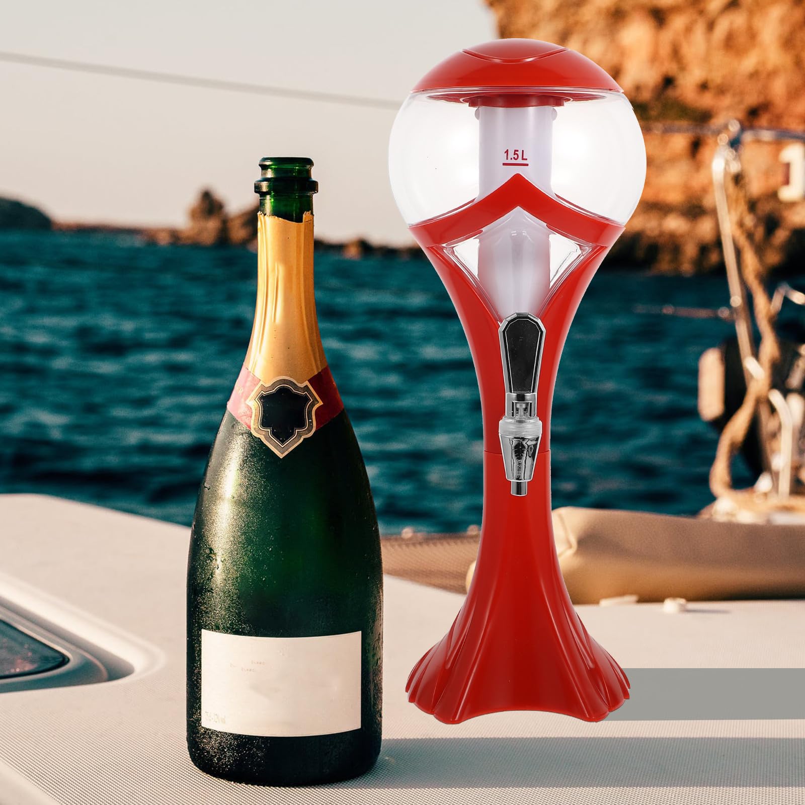 Dispensador de Cerveza Grifo y Torre Luminosa de 1.5l, Diseño Independiente de Hielo, Plástico Rojo para Camping y Patio Control Máximo y Congelación Rápida