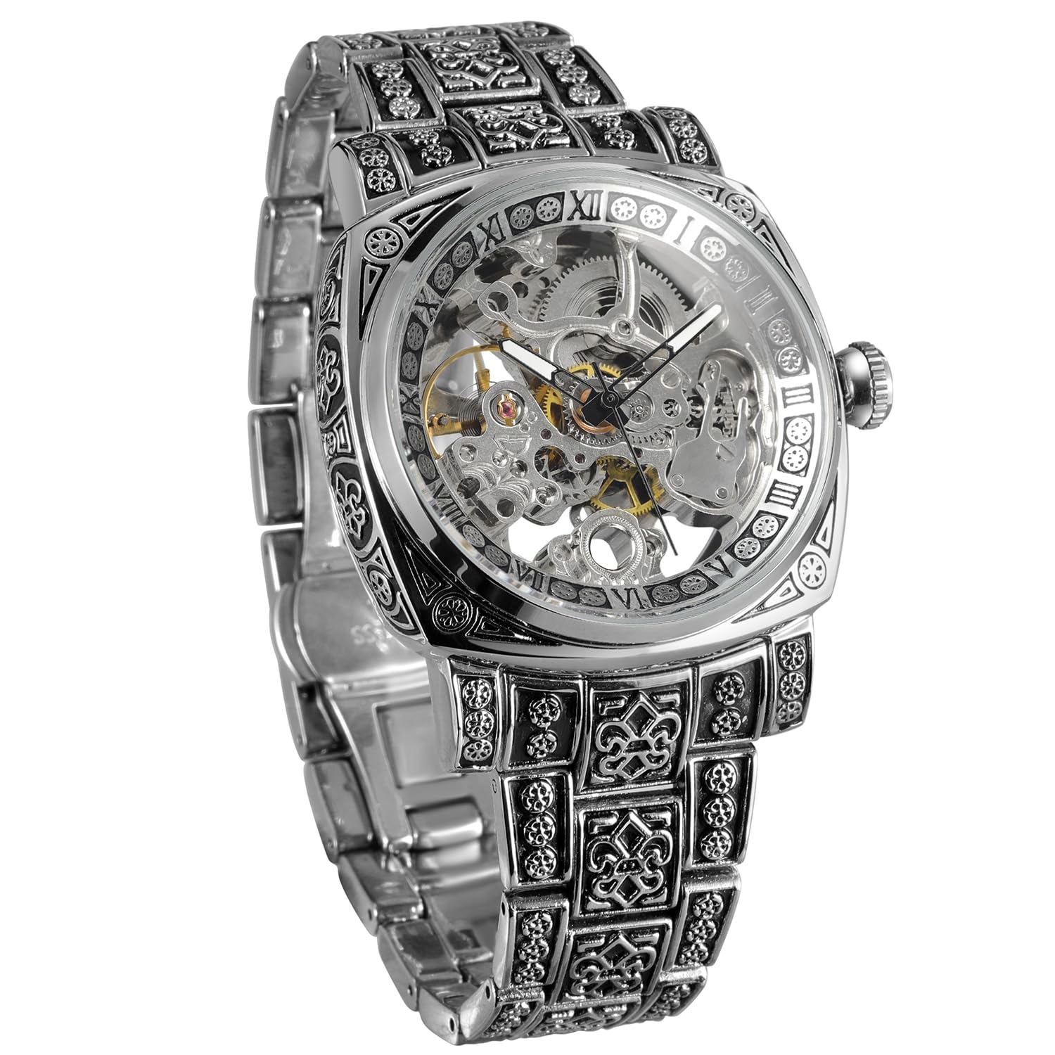 Reloj de esqueleto mecánico automático para hombre, cuerda manual en caja cuadrada, pulsera de acero grabada vintage y cierre desplegable, regalo retro para él