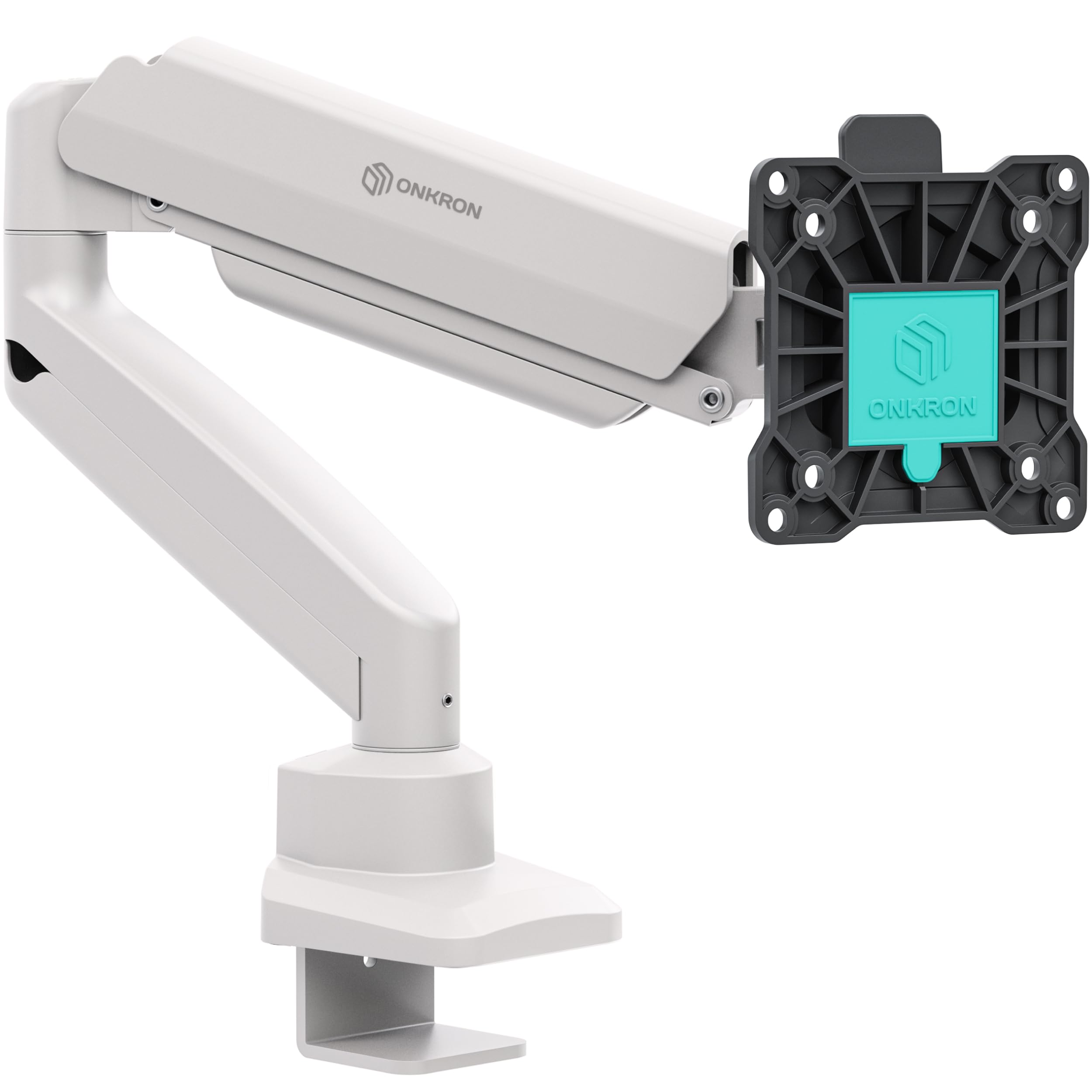 ONKRON Single Monitor Arm Desk Mount for 13-32 Inch Screens up to 10 kg, Full Motion Desktop Monitor Stand VESA 75x75 & 100x100, Gas Spring Screen Stand for Desk, Clamp Grommet White G80-BW