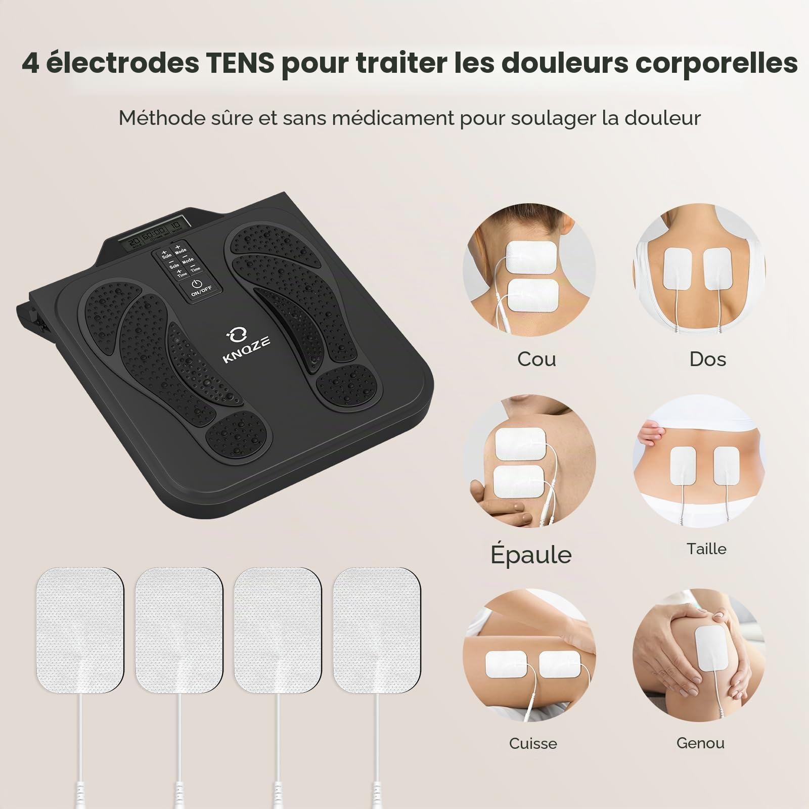 Massage des pieds avec stimulateur de circulation sanguine, EMS et TENS – Appareil de massage des pieds électrique avec 10 modes, 20 niveaux d'intensité et 4 électrodes pour soulager la douleur