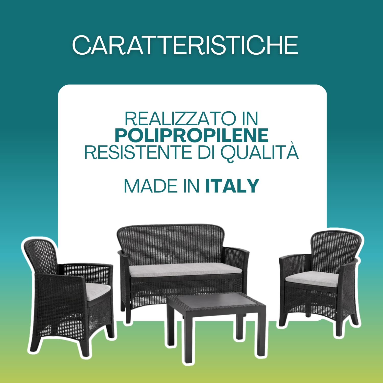 VIRSUS Set Salottino da Giardino per 4 Persone, Composto da: 2 Poltrone, 1 Divano a 2 Posti e 1 Tavolino, Cuscini per comoda Seduta, Design Rattan di colore Antracite, Interno ed Esterno -JUN6043F