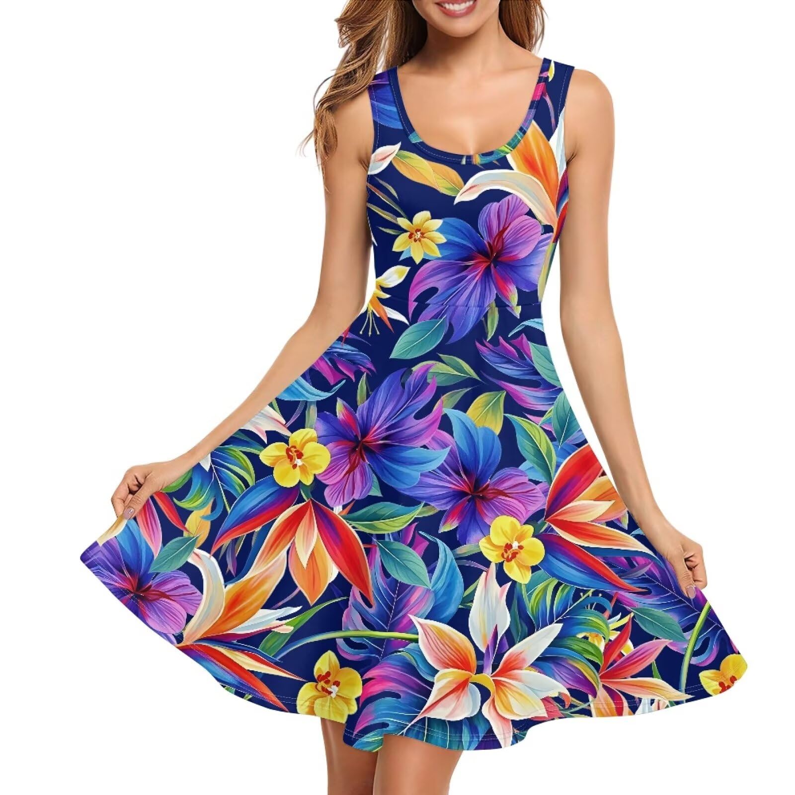 Dreaweet Casual Sleeveless Dresses for Women Girls, Round Neck Tank Dresses with Pockets Summer Sundress Size XS-4XL