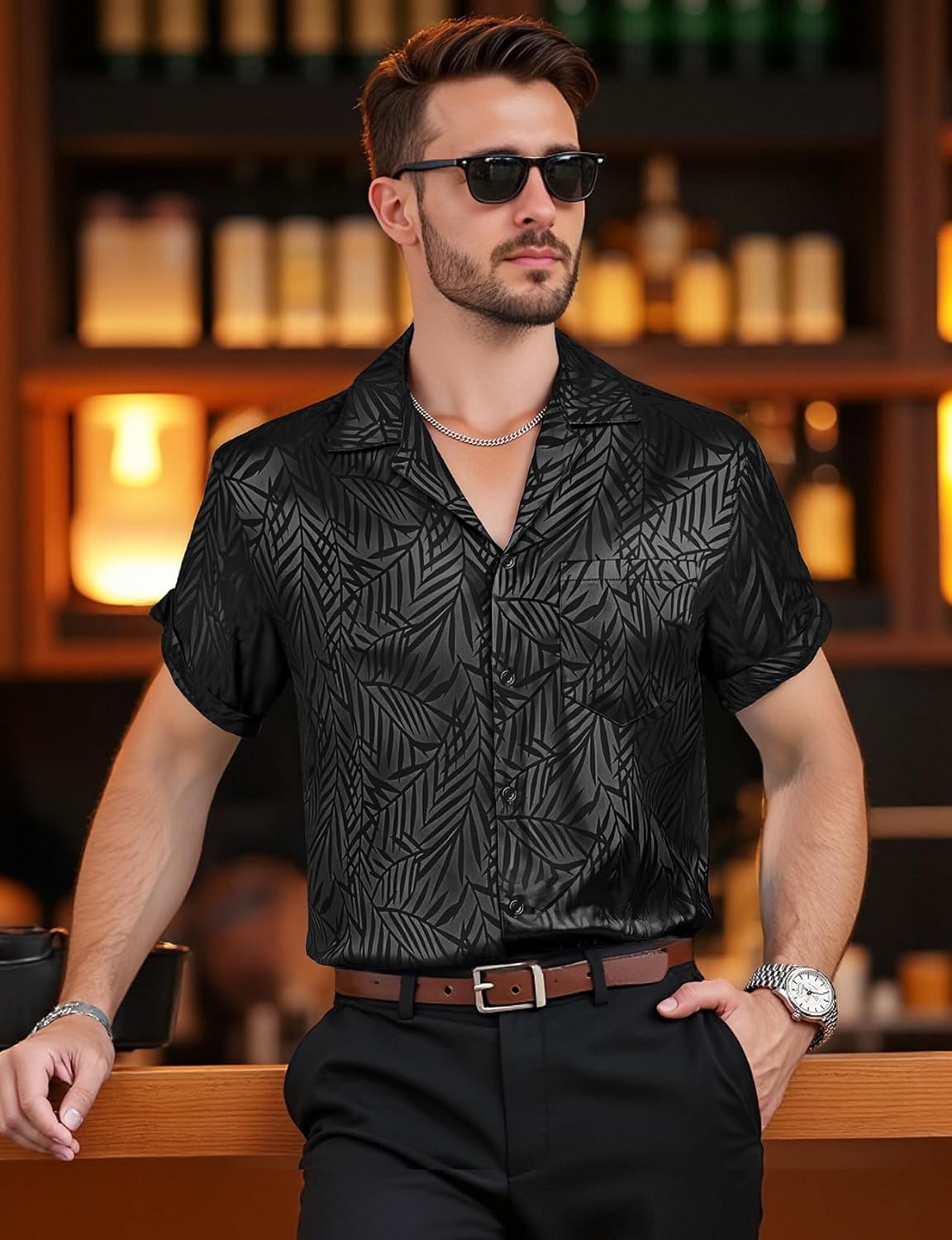 JEMITOP Mens Shiny Satin Silk-Like Designer Shirt Summer Regular Fit Short Sleeve Button Up Floral Shirt with Pocket - Image 3