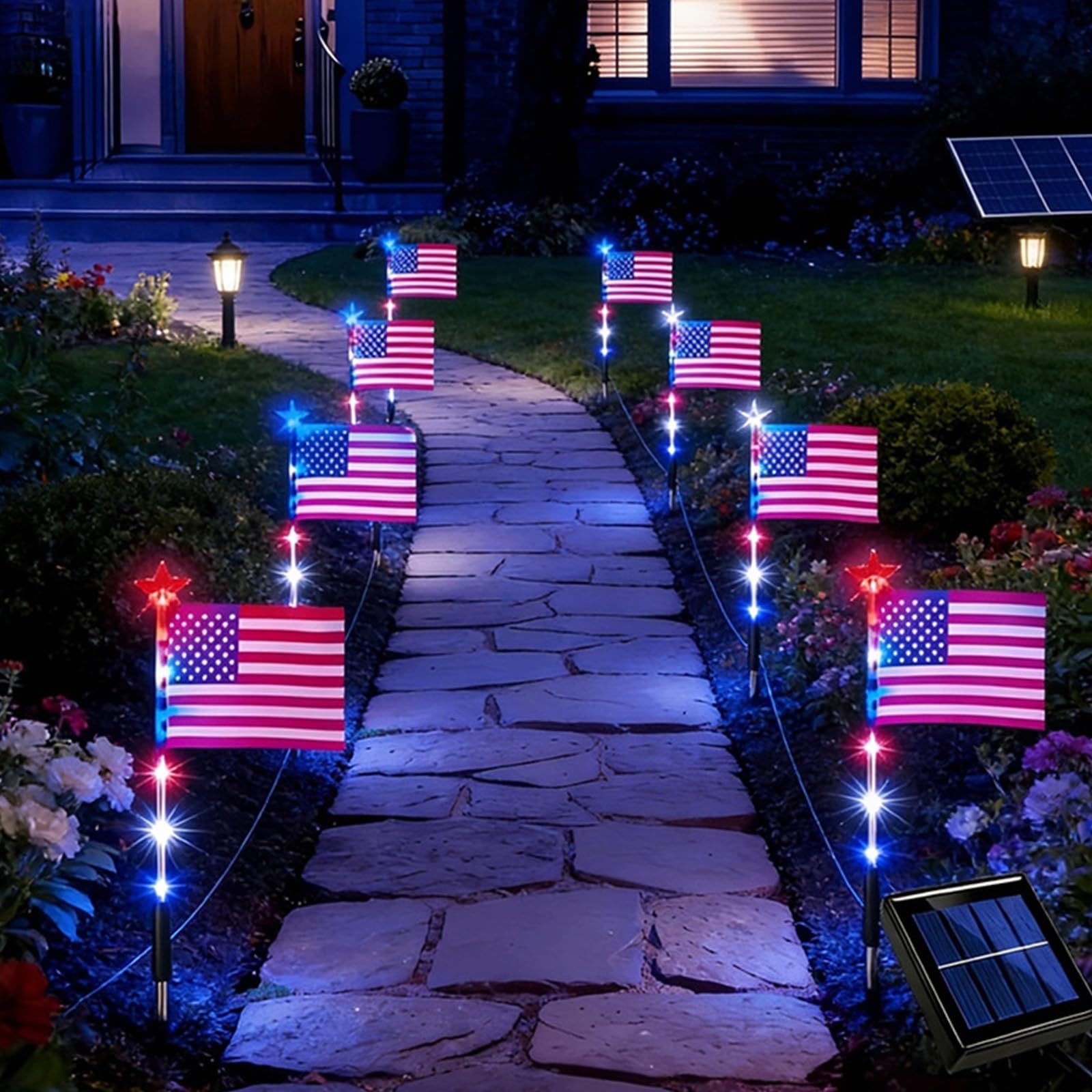 fexxkg 8Pack Multi Head Solar America Flag Light for 4Th of July Celebration and Festival Yard Display Outdoor Patriotic Decora