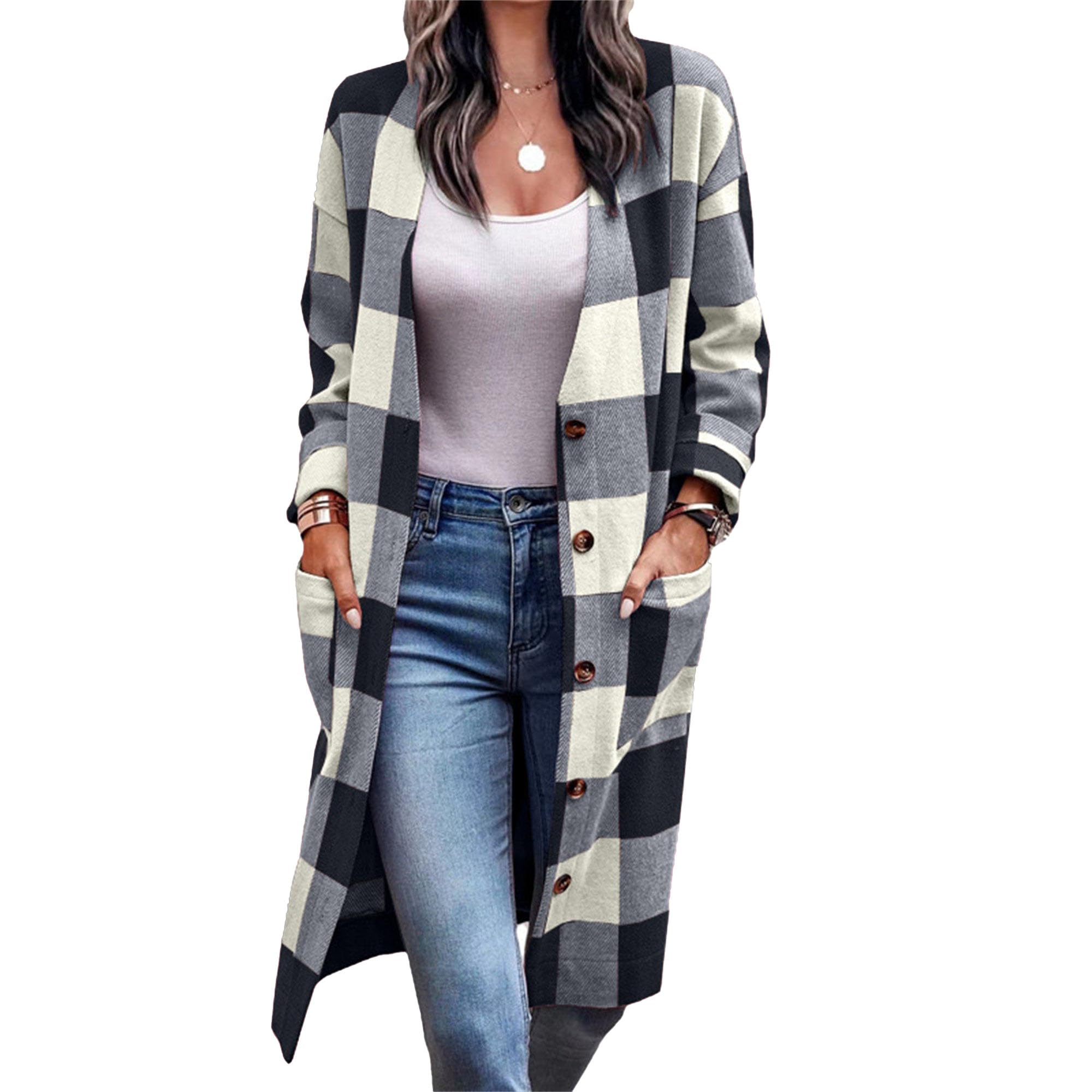 Maiyifu-GJ Womens Casual Flannel Plaid Long Jacket Spring Fall Button Wool Blend Trench Coat Long Sleeve Cardigan Sweaters