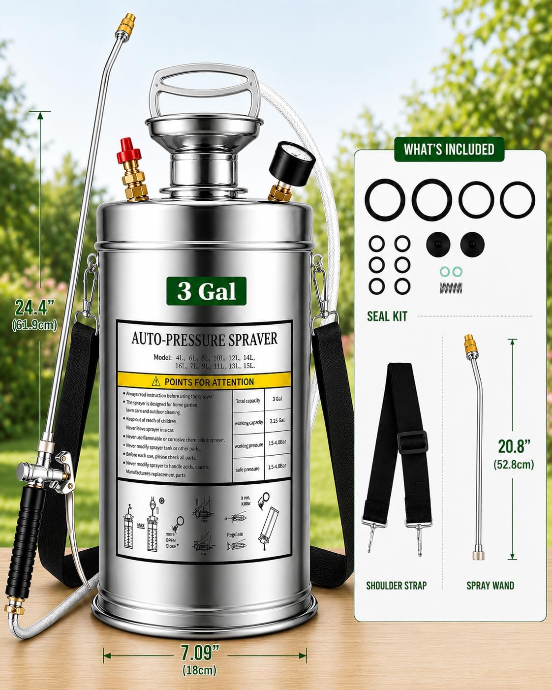 stainless steel sprayer 3 gallon - steel hand-pump sprayer, with 3.3-inch reinforced hose - garden sprayer for home, gardening, ground cleaning(3gallon)