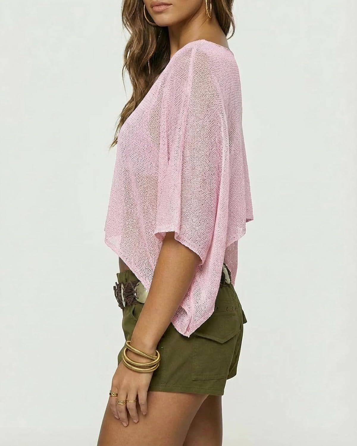 Womens Summer Knit Sheer Poncho Trendy Lightweight Asymmetric Shrug Sweater Ponchos - Image 3