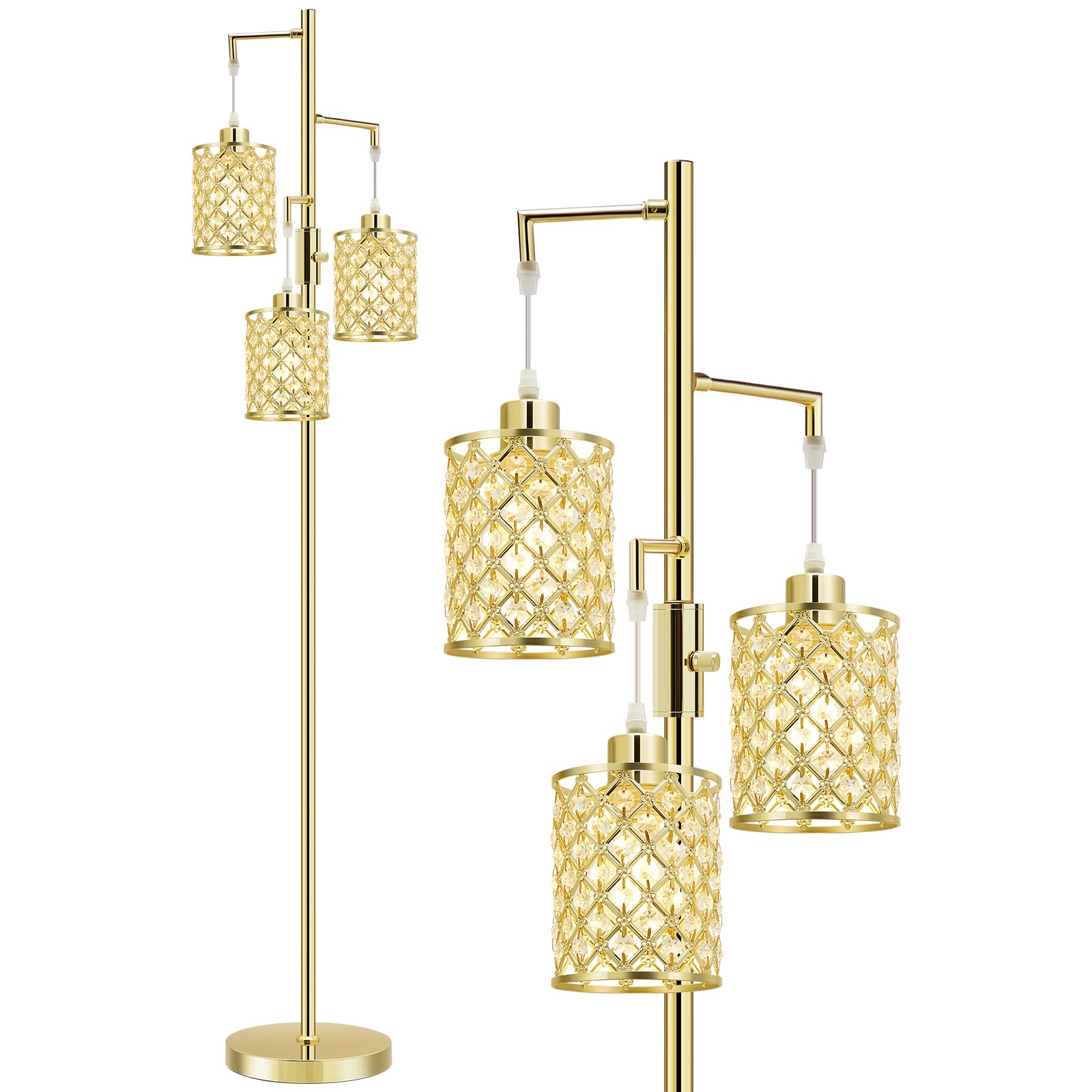 GyroVu Stehlampe Gold, Kristall Stehleuchten für das Wohnzimmer, 3 Flammige Stehlampen mit Elegantem K9 Kristallschirm und Drehschalter, Moderne Standlampe für Schlafzimmer, Home Office, Leseecke