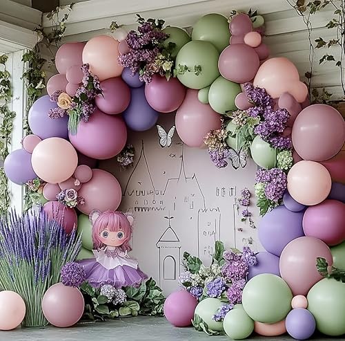 Miniatura 8 de Guirnalda de globos de color verde polvoriento, morado y rosa, kit de arco de globos de doble relleno, color verde claro, rosa, lavanda, lila,
